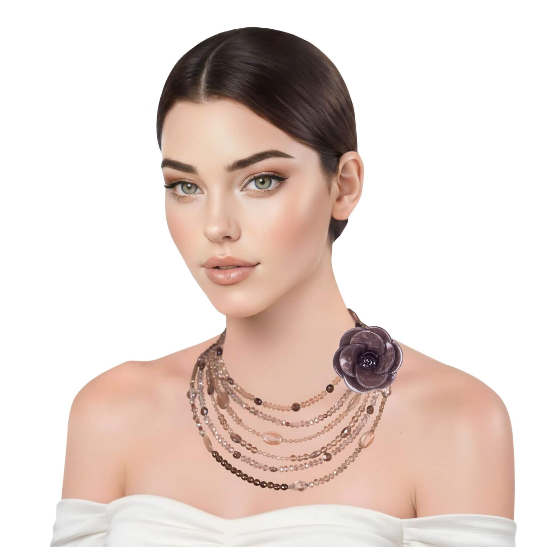 Collar de cuarzo fumé y cristal de 6 vueltas y broche camelia flor marron