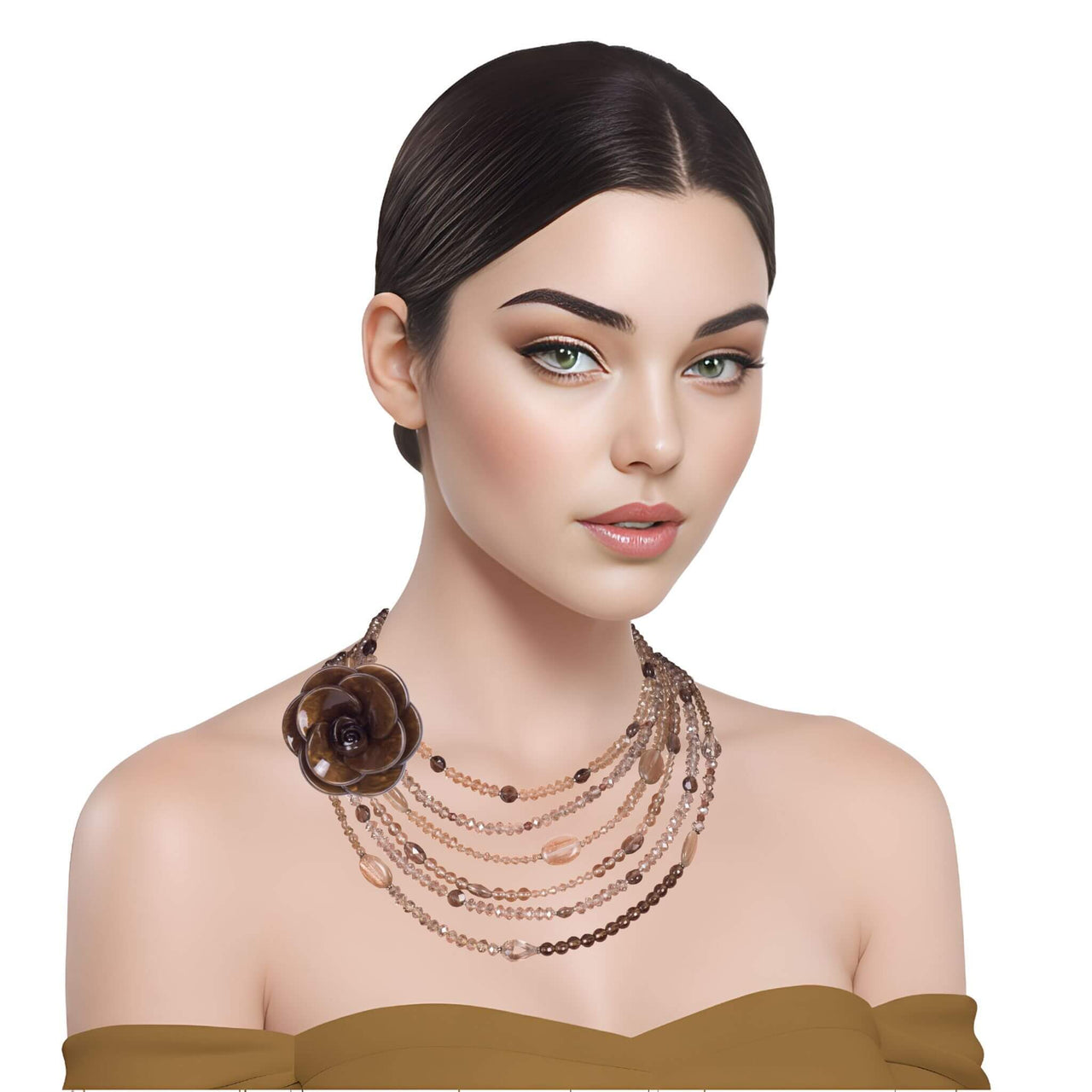 Collar de cuarzo fumé y cristal de 6 vueltas