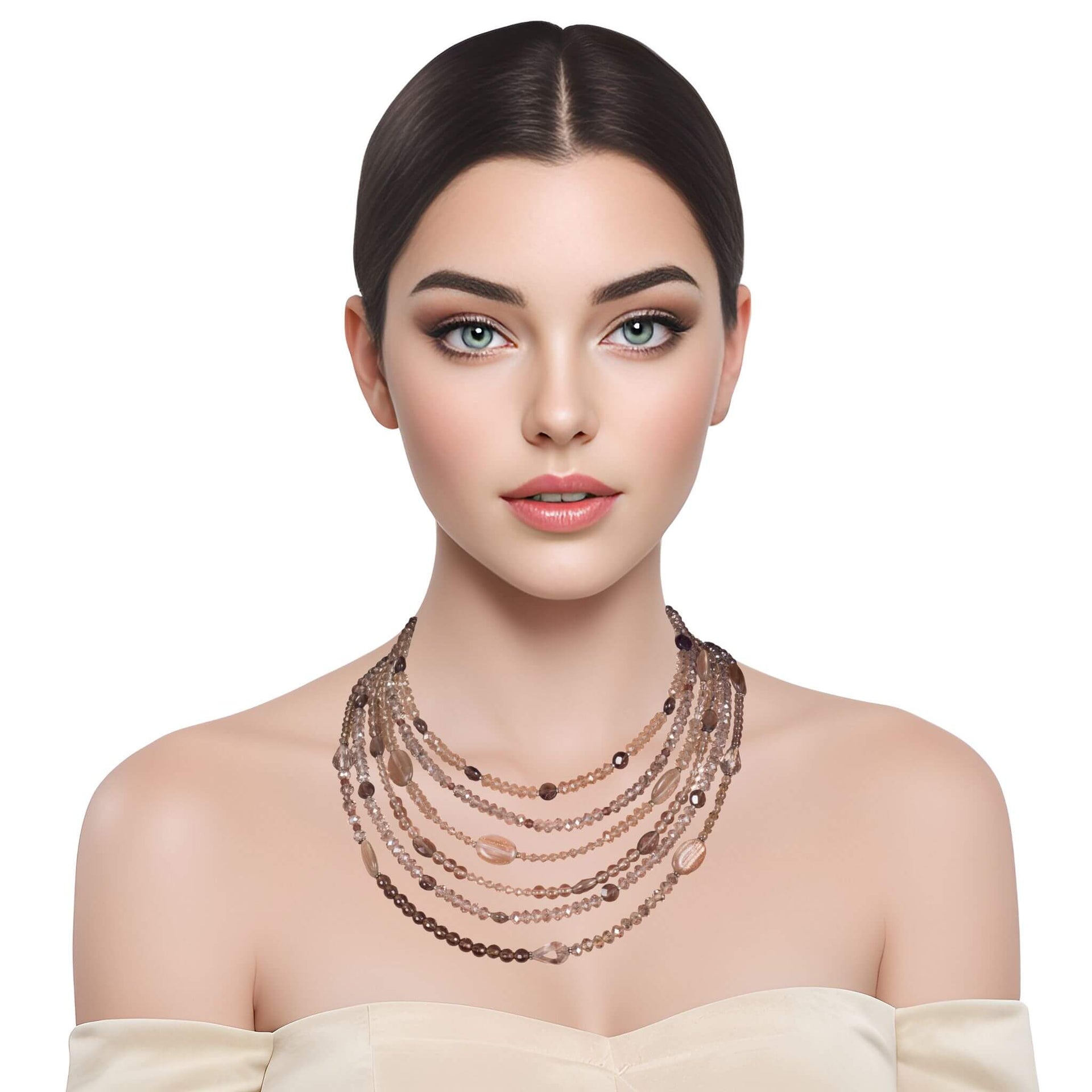 Collar de cuarzo fumé y cristal de 6 vueltas