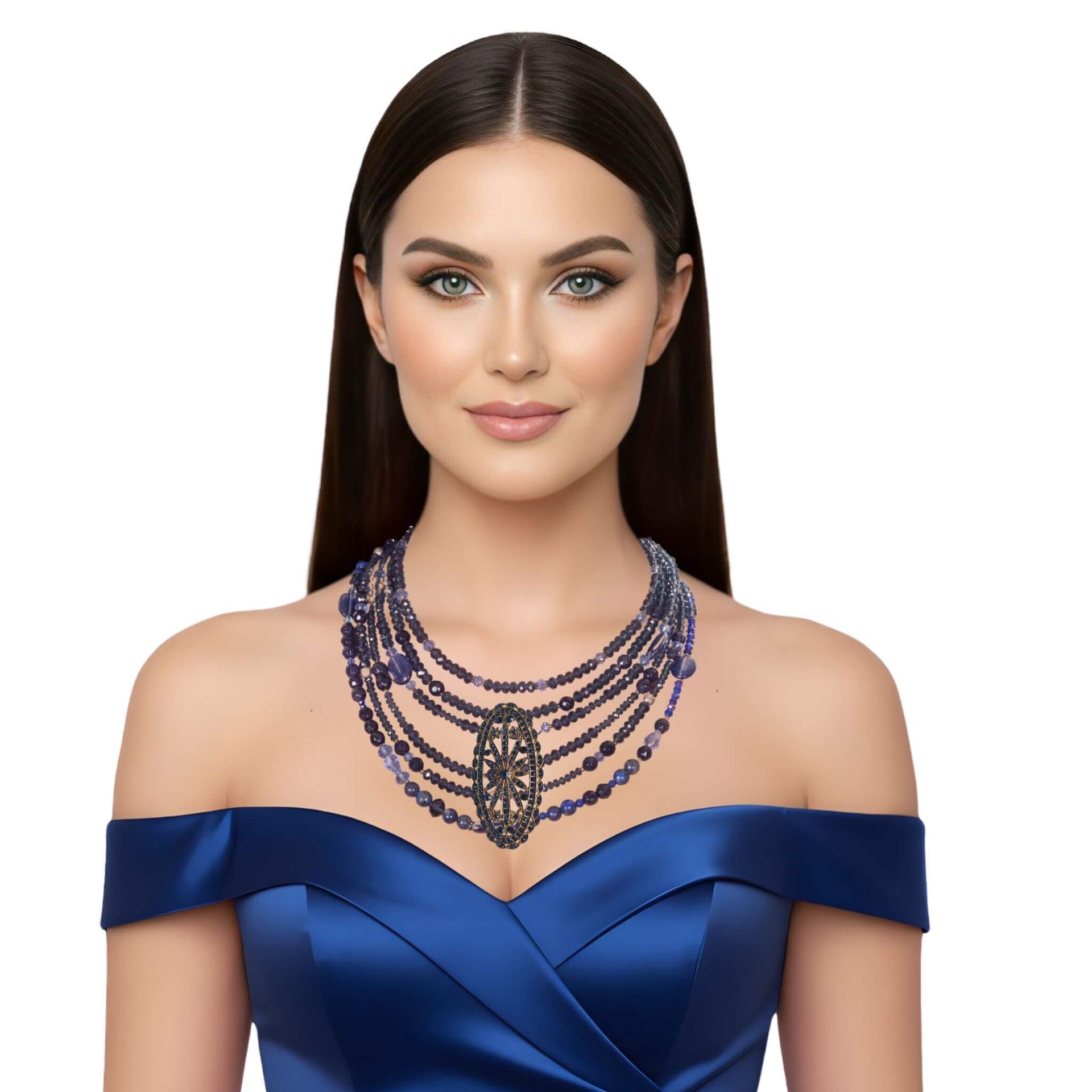 Collar de aventurina facetada y cristal azul