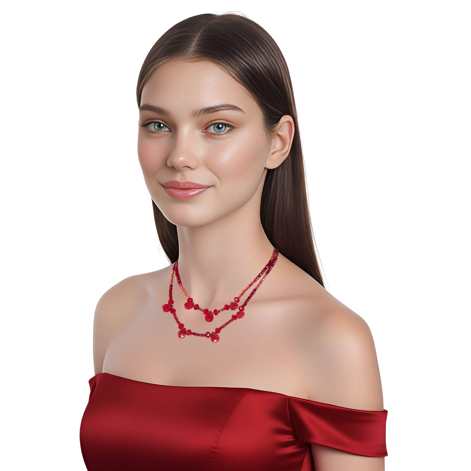 Collar de cristal rojo de doble tira y lágrimas colgantes