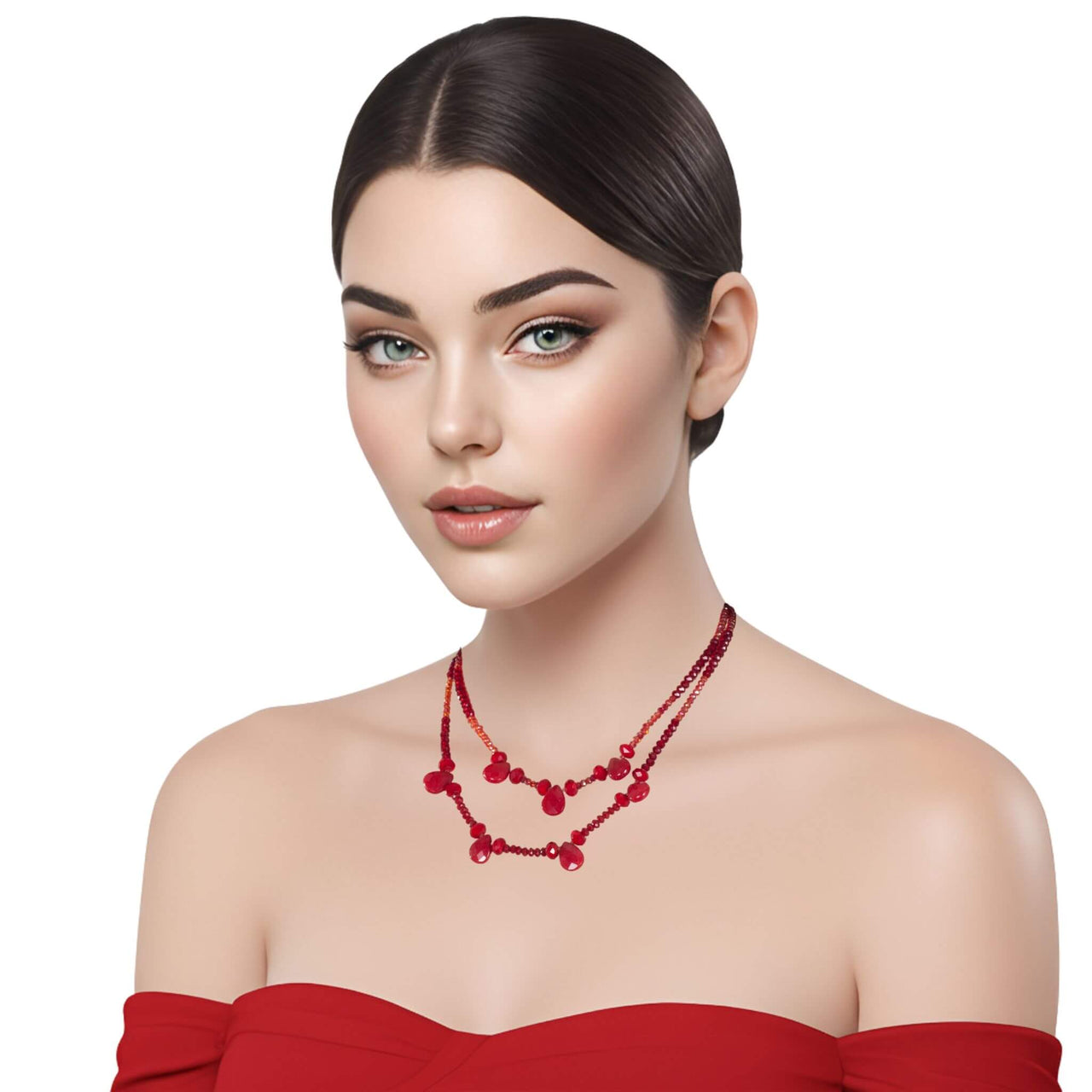 Collar de cristal rojo de doble tira y lágrimas colgantes