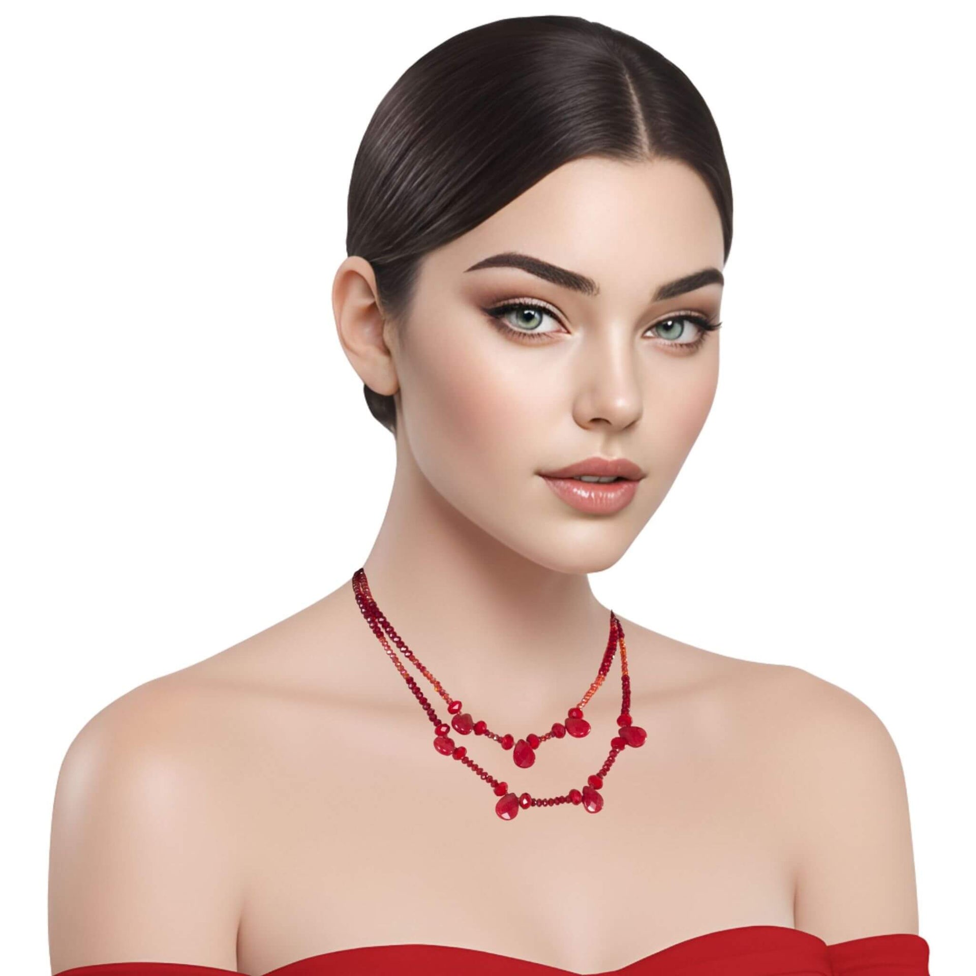 Collar de cristal rojo de doble tira y lágrimas colgantes