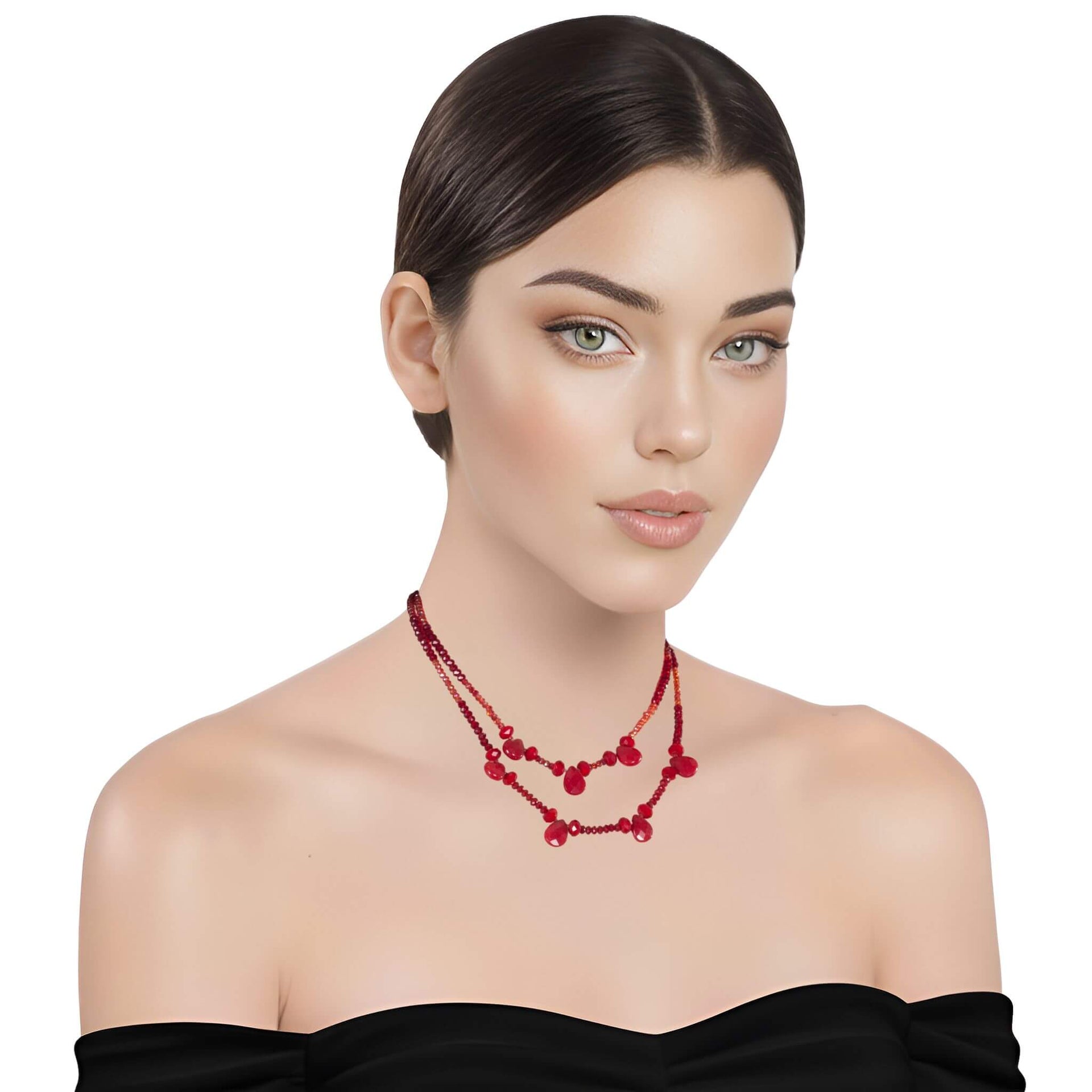 Collar de cristal rojo de doble tira y lágrimas colgantes
