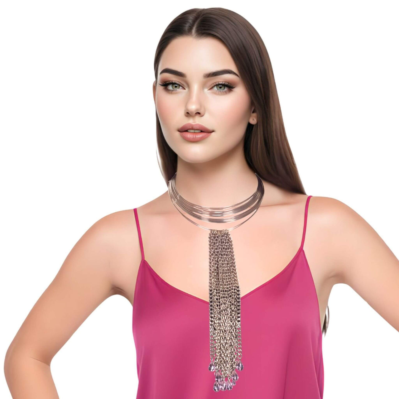 Collar de cadenas metálicas y lágrimas rosas colgantes