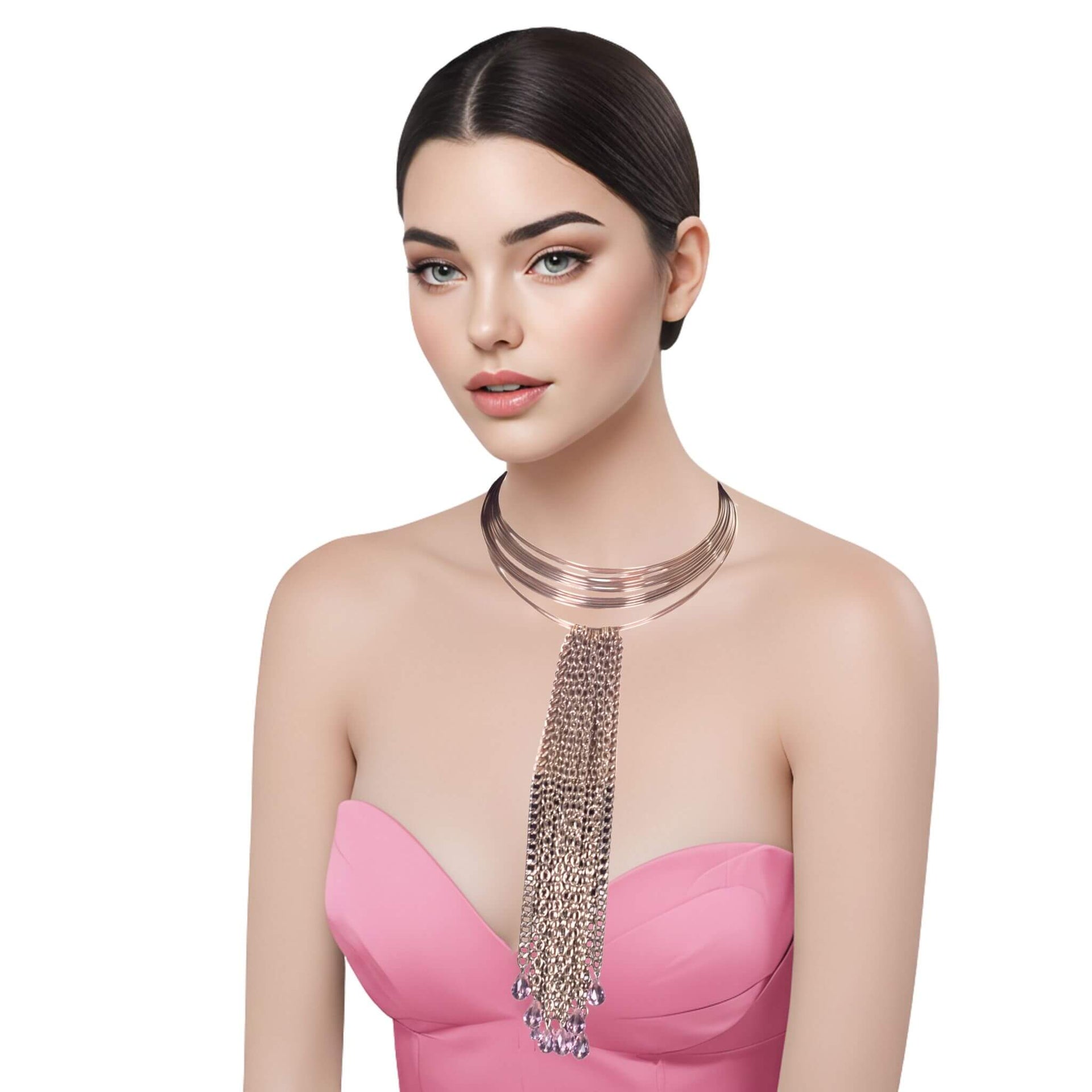 Collar de cadenas metálicas y lágrimas rosas colgantes