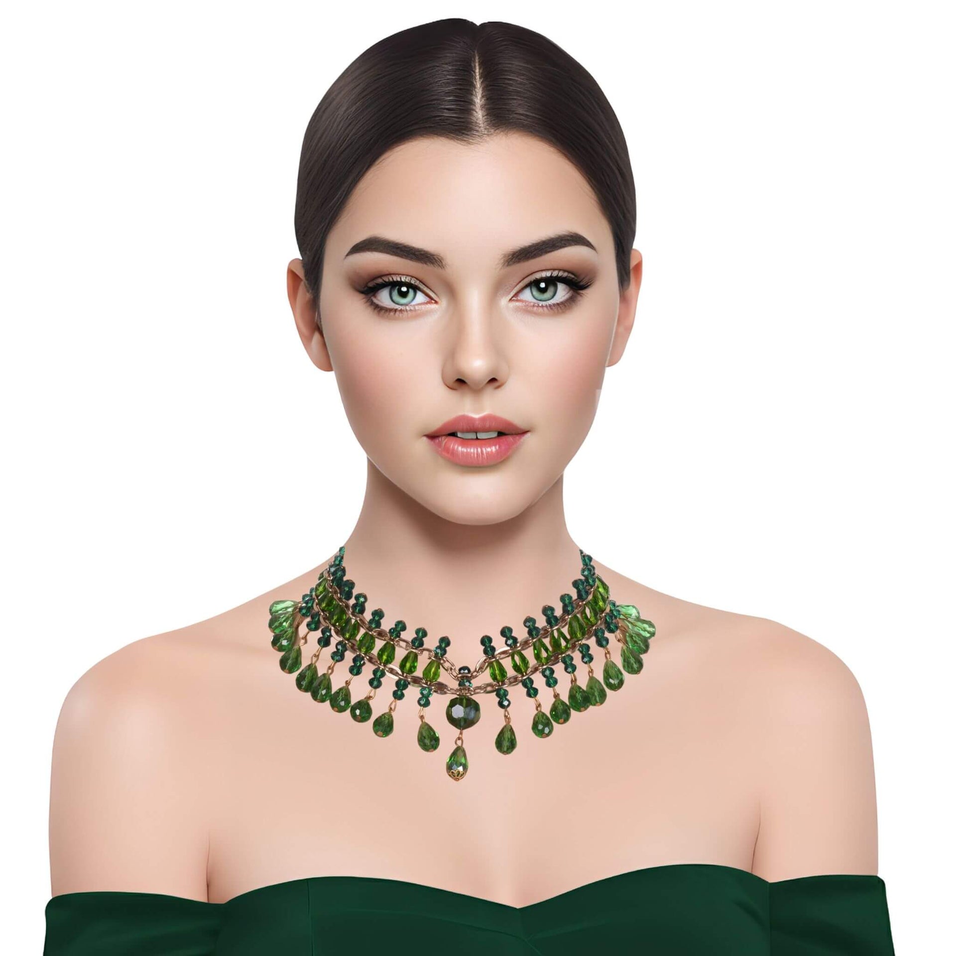 Collar de cristal de lágrimas verdes colgantes y cadena dorada