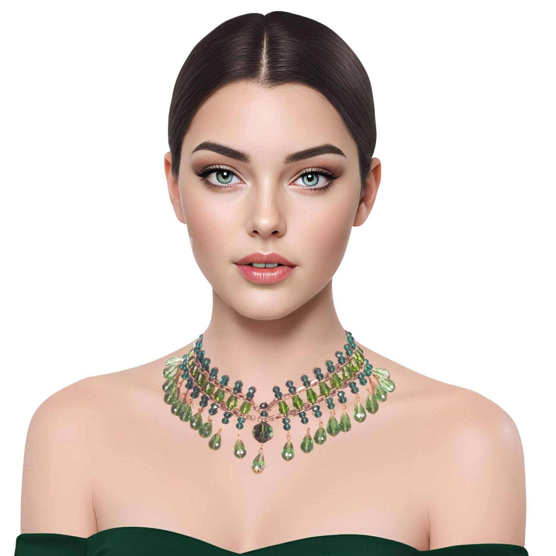 Collar de cristal de lágrimas verdes colgantes y cadena dorada