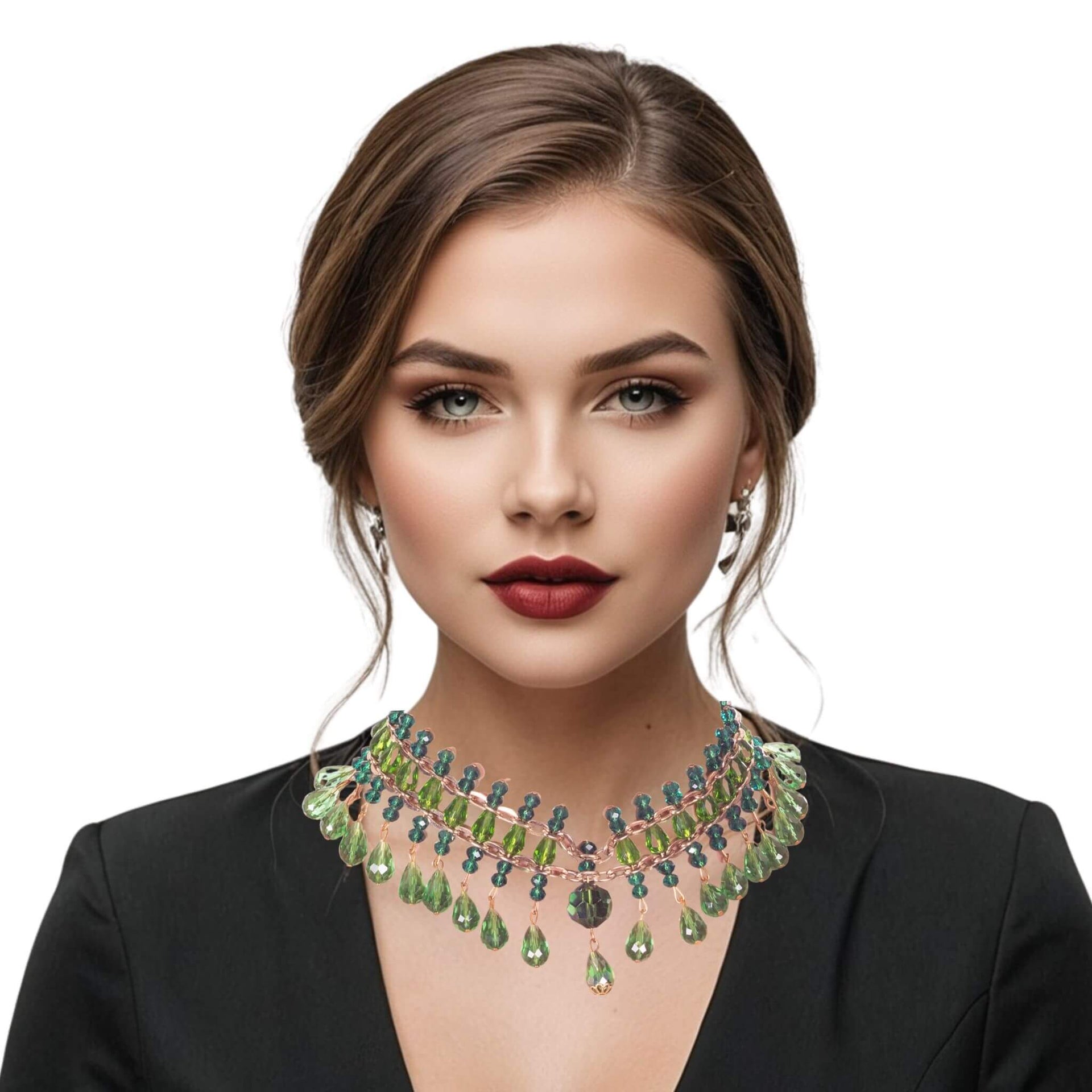 Collar de cristal de lágrimas verdes colgantes y cadena dorada