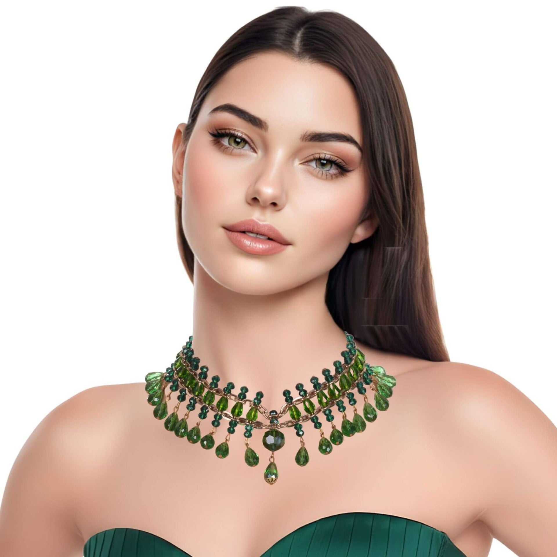 Collar de cristal de lágrimas verdes colgantes y cadena dorada