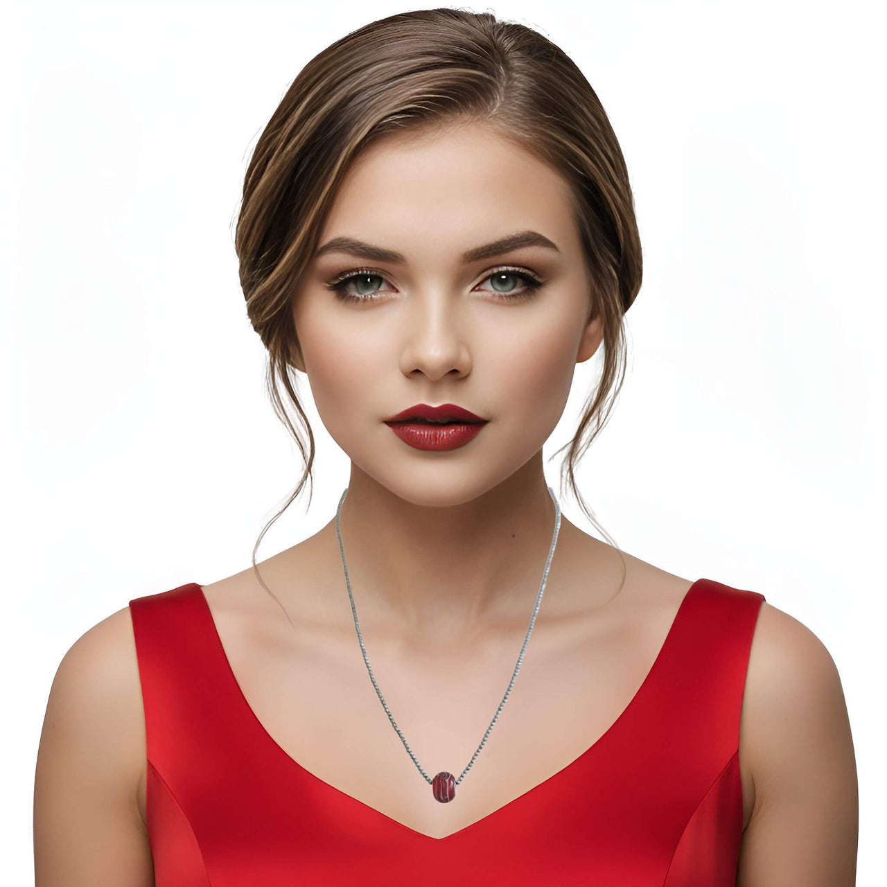 Collar de hematite plata y pieza central de cristal de murano rojo