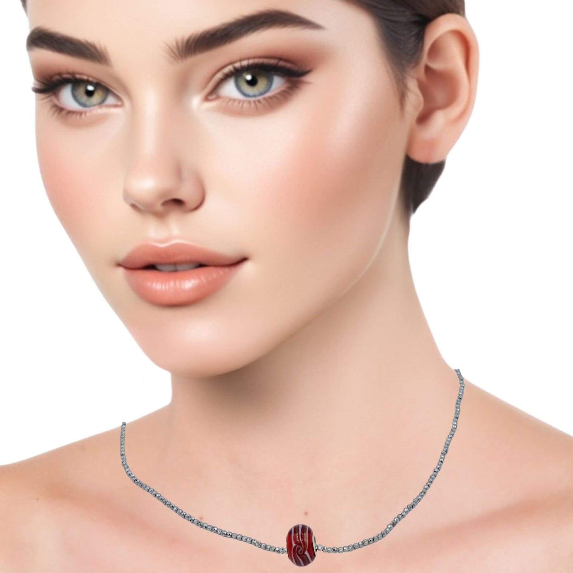 Collar de hematite plata y pieza central de cristal de murano rojo