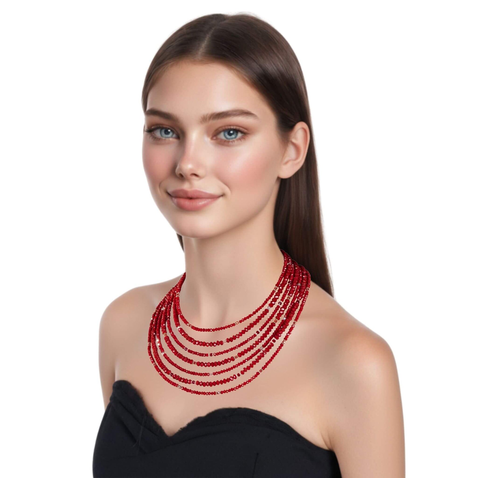 Collar cristal rojo facetado de 6 y 4mm de 7 vueltas. Precioso cierre de plata de ley labrado. Mide 42 cm en su tira más corta. . El broche decorativo es de quita y pon.
