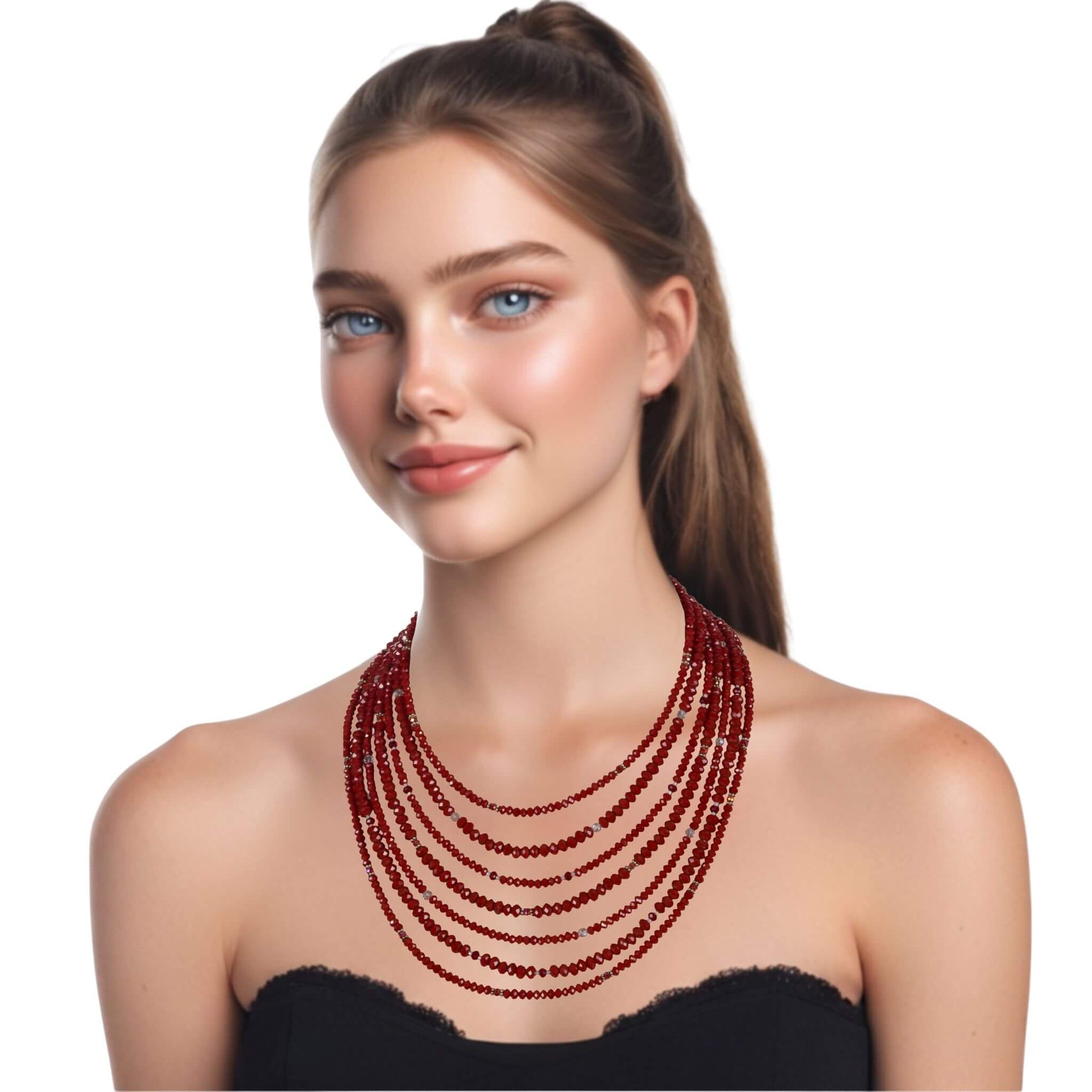 Collar cristal rojo facetado de 6 y 4mm de 7 vueltas. Precioso cierre de plata de ley labrado. Mide 42 cm en su tira más corta. . El broche decorativo es de quita y pon.