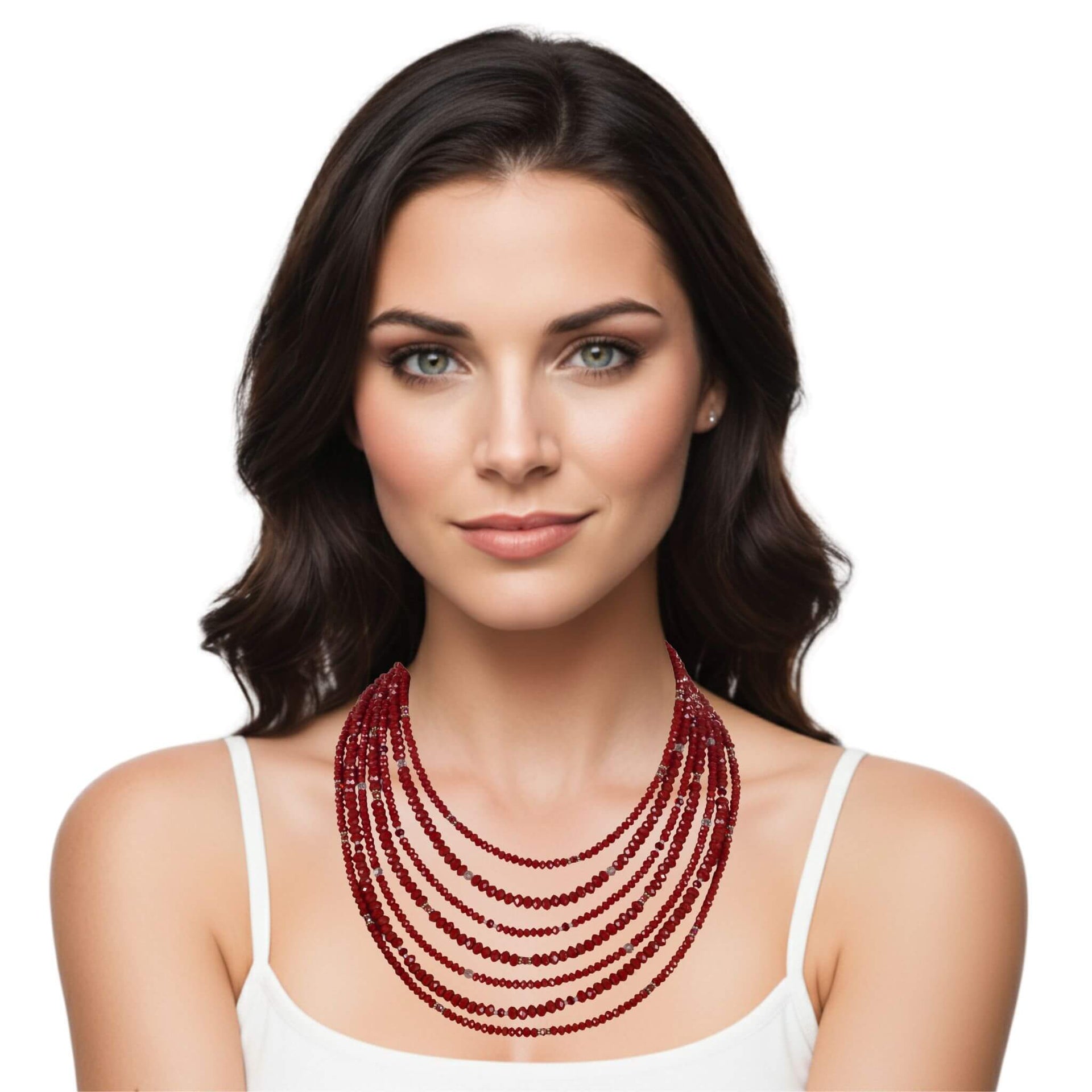 Collar cristal rojo facetado de 6 y 4mm de 7 vueltas. Precioso cierre de plata de ley labrado. Mide 42 cm en su tira más corta. . El broche decorativo es de quita y pon.