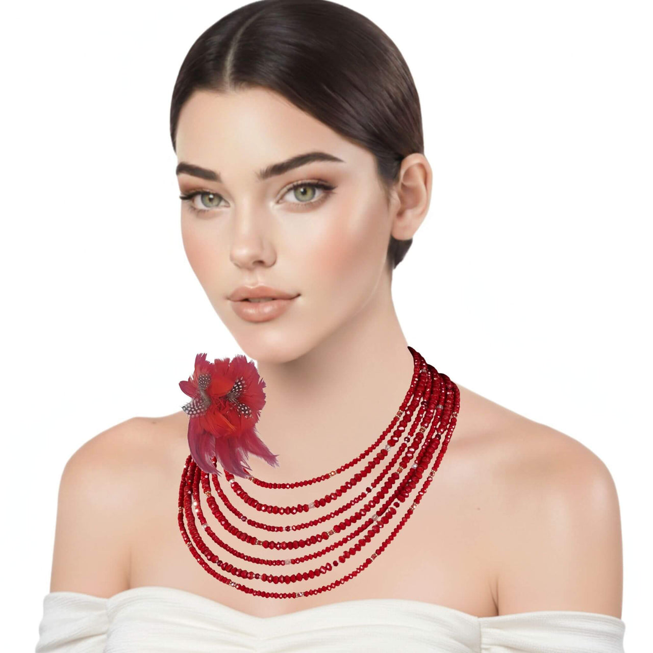 Collar cristal rojo facetado de 6 y 4mm de 7 vueltas. Precioso cierre de plata de ley labrado. Mide 42 cm en su tira más corta. . El broche decorativo es de quita y pon.