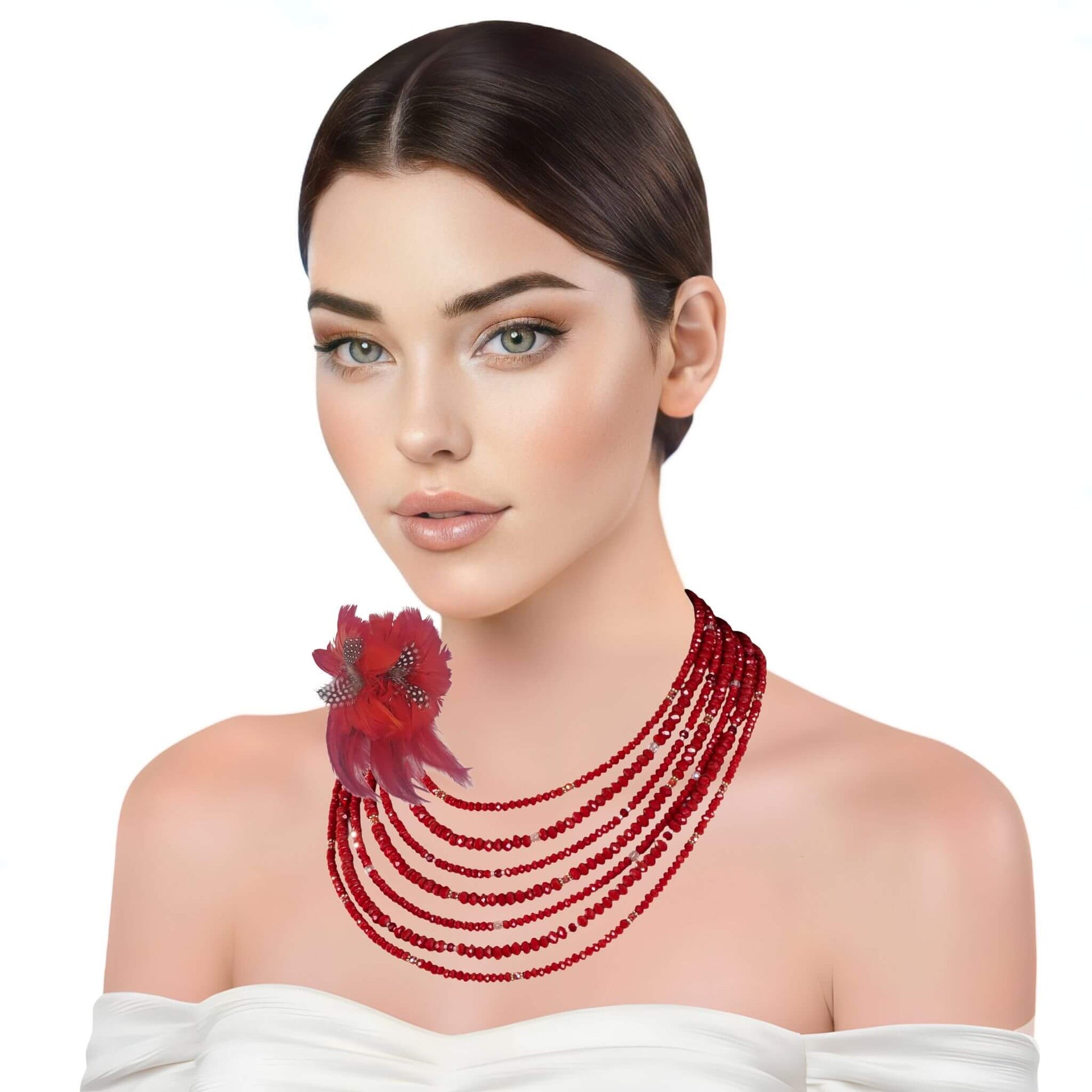 Collar cristal rojo facetado de 6 y 4mm de 7 vueltas. Precioso cierre de plata de ley labrado. Mide 42 cm en su tira más corta. . El broche decorativo es de quita y pon.