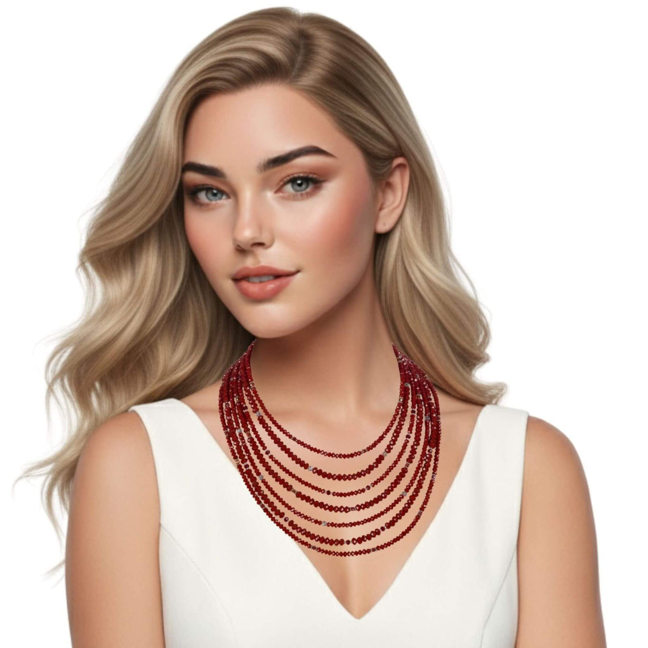 Collar cristal rojo facetado de 6 y 4mm de 7 vueltas. Precioso cierre de plata de ley labrado. Mide 42 cm en su tira más corta. . El broche decorativo es de quita y pon.