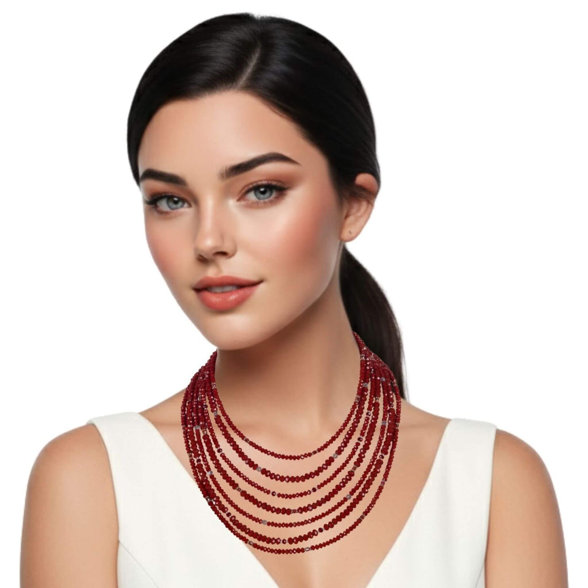 Collar cristal rojo facetado de 6 y 4mm de 7 vueltas. Precioso cierre de plata de ley labrado. Mide 42 cm en su tira más corta. . El broche decorativo es de quita y pon.