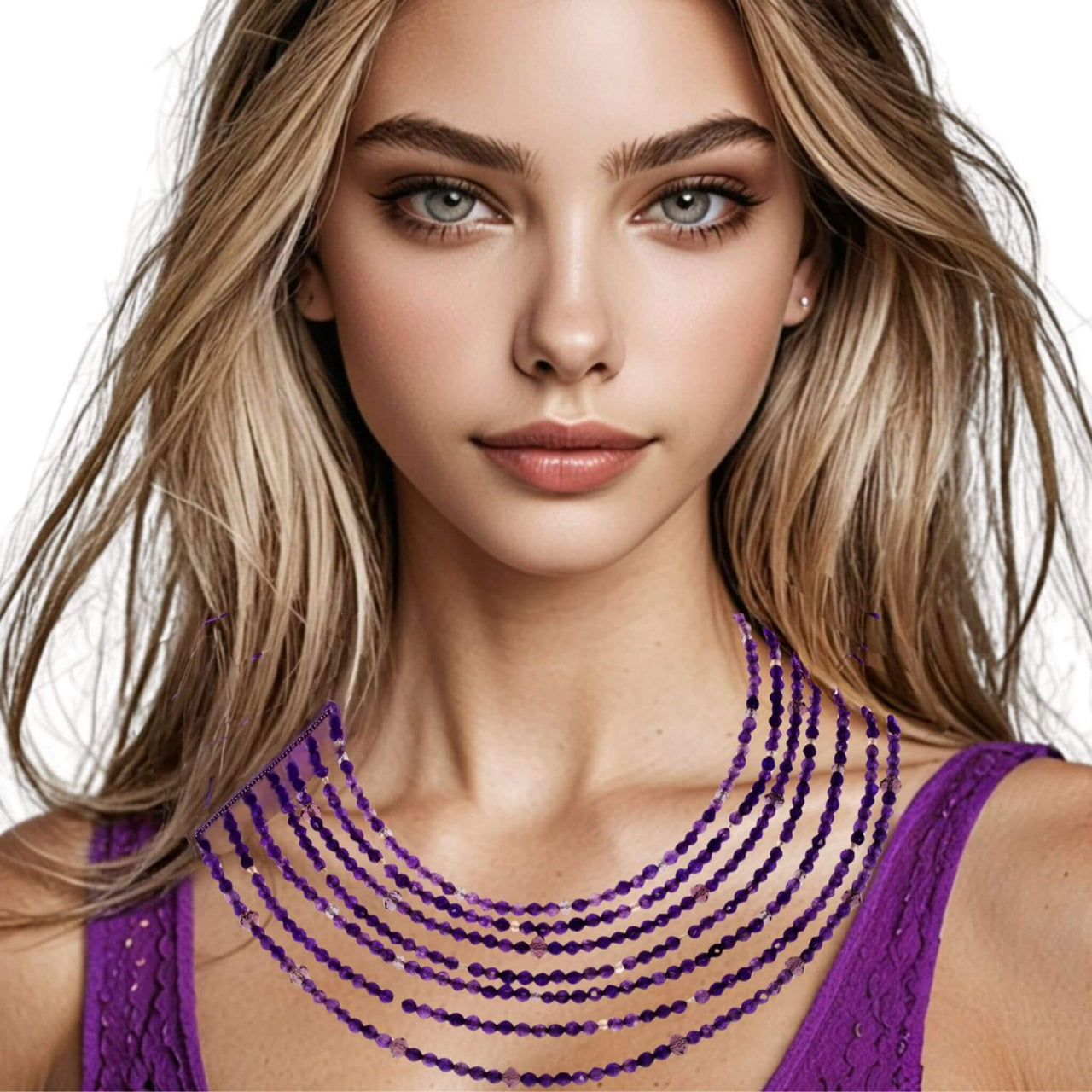 Collar de ágata morada facetada de 7 vueltas