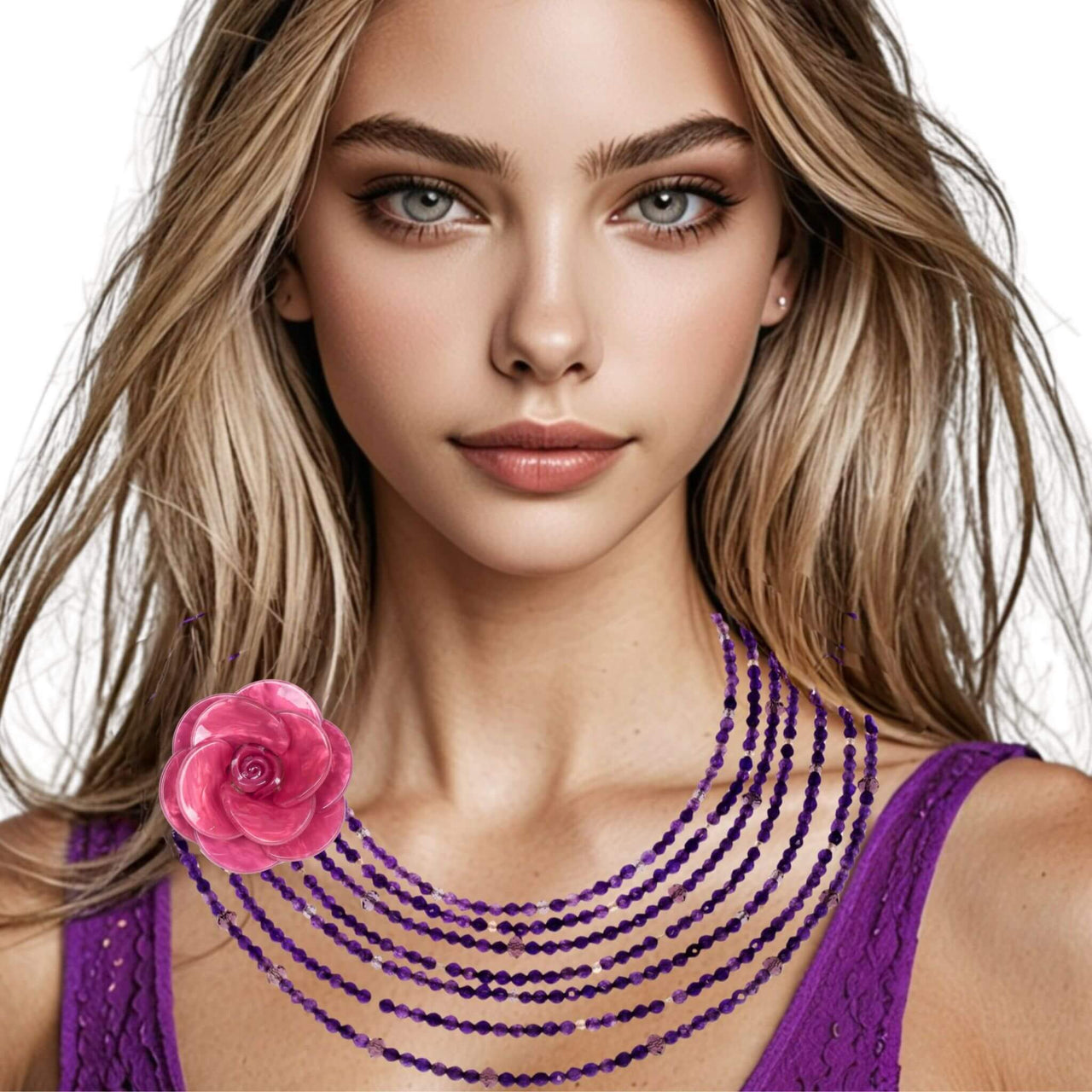 Collar de ágata morada facetada de 7 vueltas
