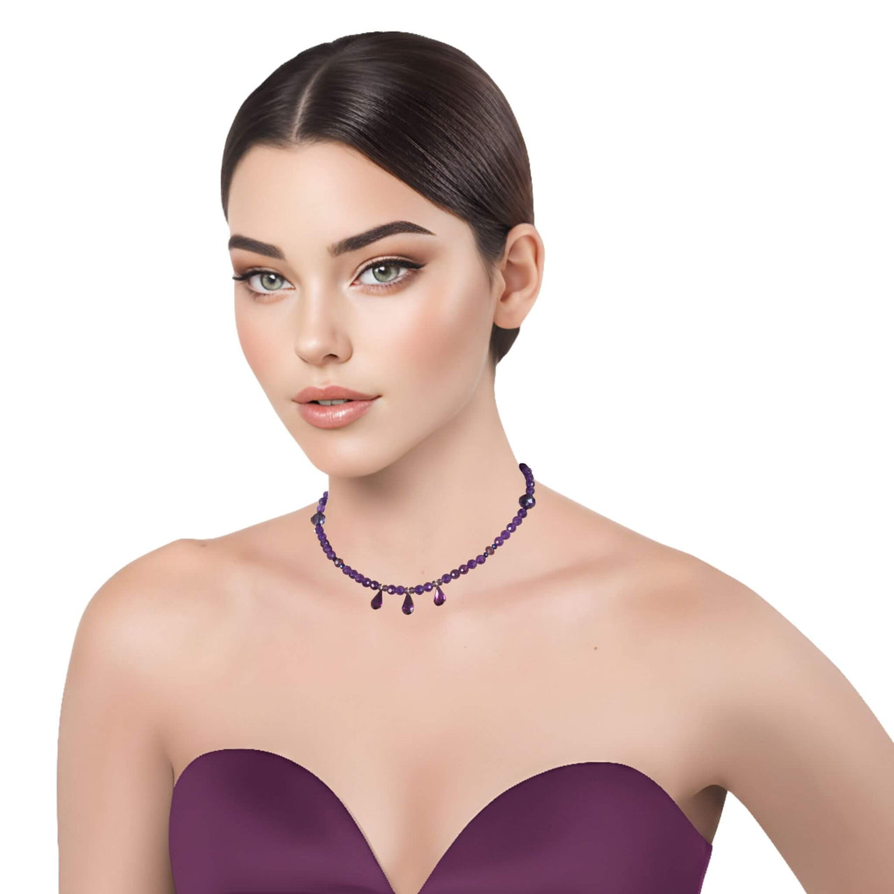 Collar gargantilla de ágata morada y 3 lágrimas de cristal