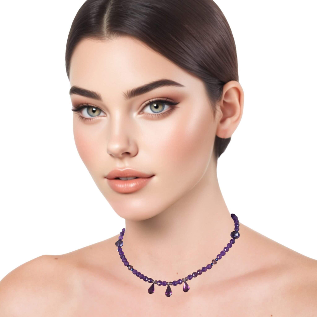 Collar gargantilla de ágata morada y 3 lágrimas de cristal