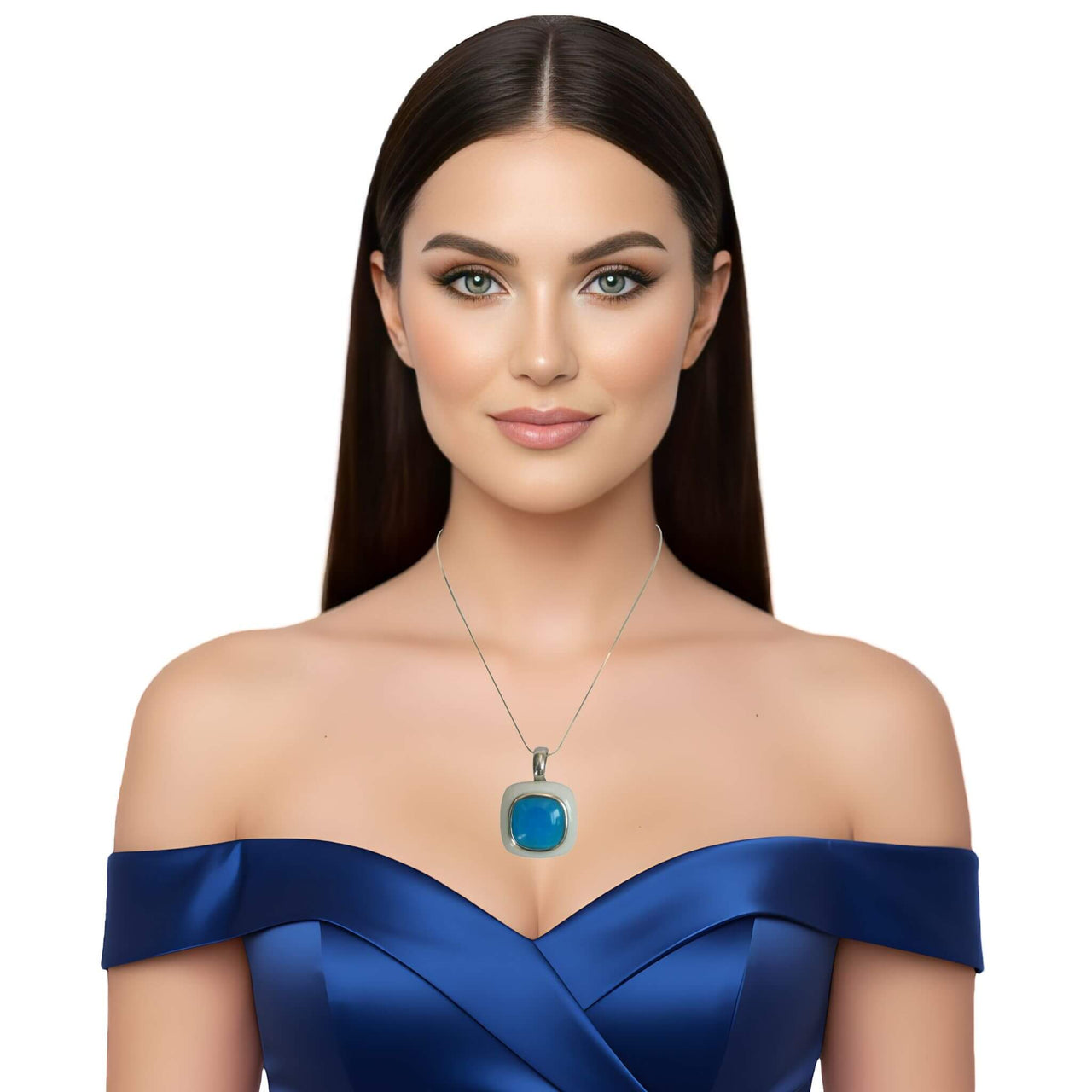 Collar colgante de plata de ley con jade blanco y cuarzo azul turquesa