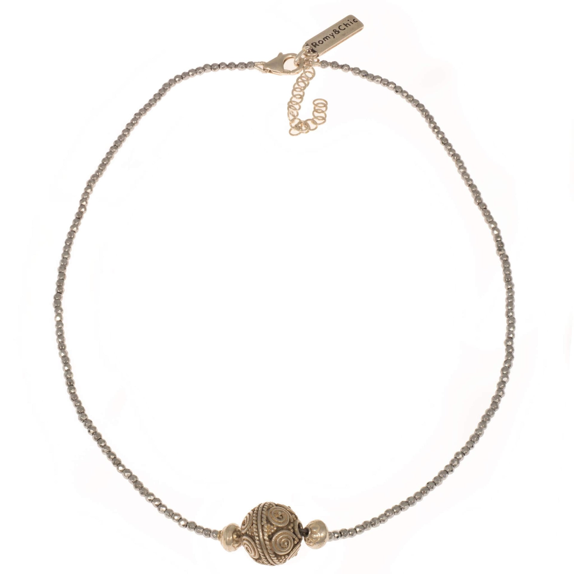 Collar de hematite plata y bola central labrada en plata de ley