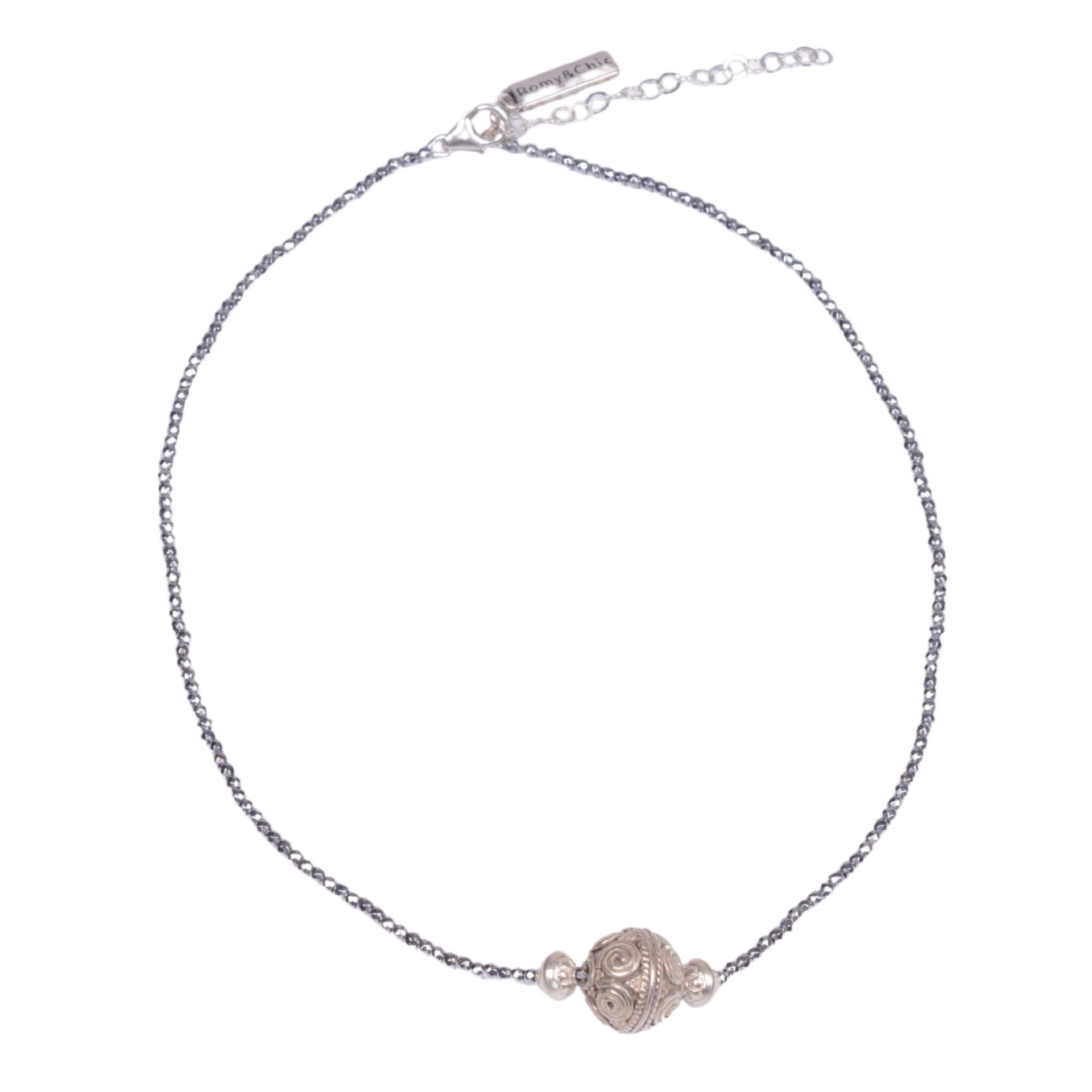 Collar de hematite plata y bola central labrada en plata de ley