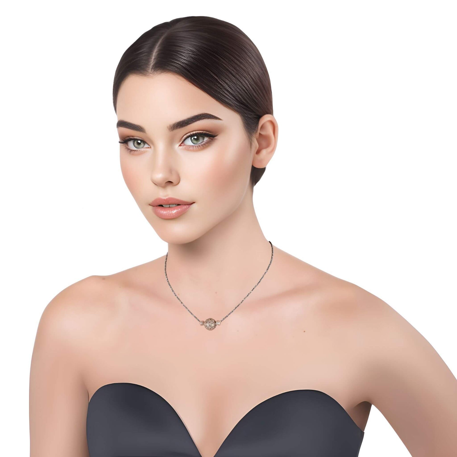 Collar de hematite plata y bola central labrada en plata de ley