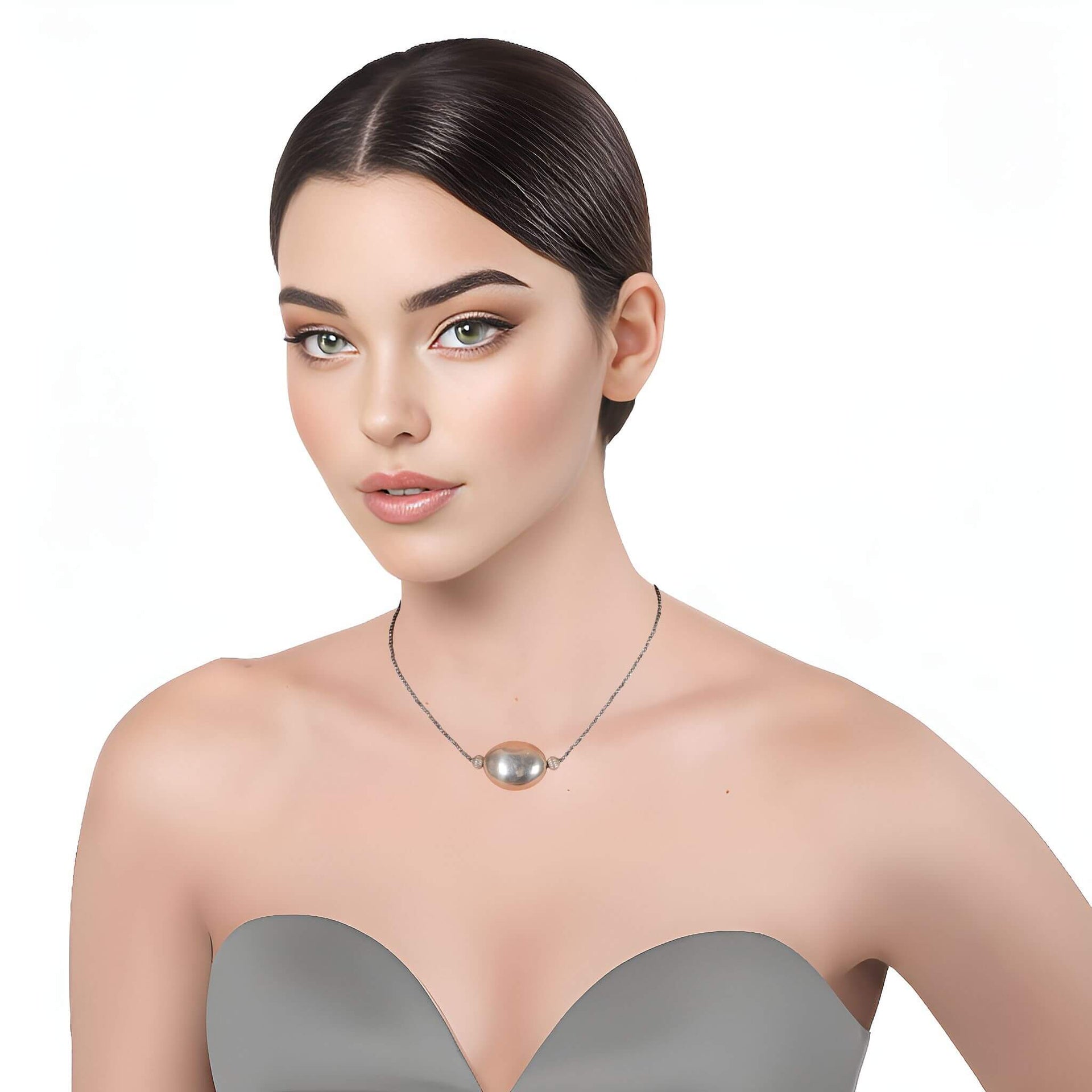 Collar de hematite plata y pieza y huevo oval central de plata de ley