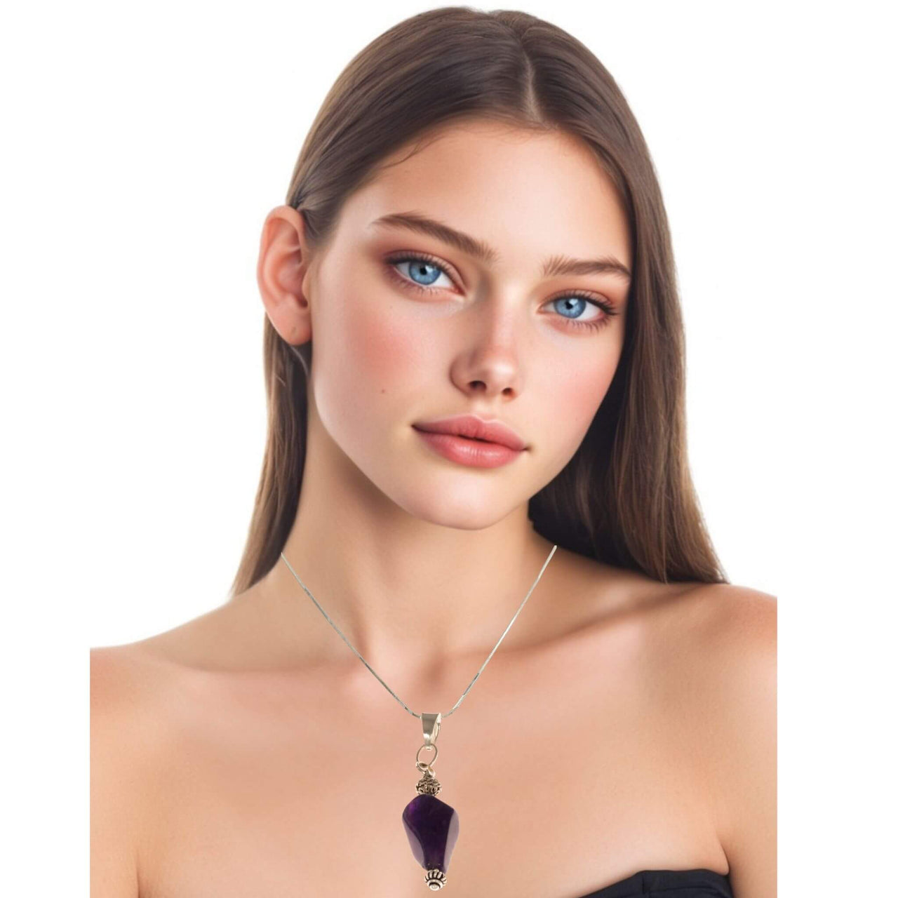 Collar colgante de amatista alargado y bolas labradas plata