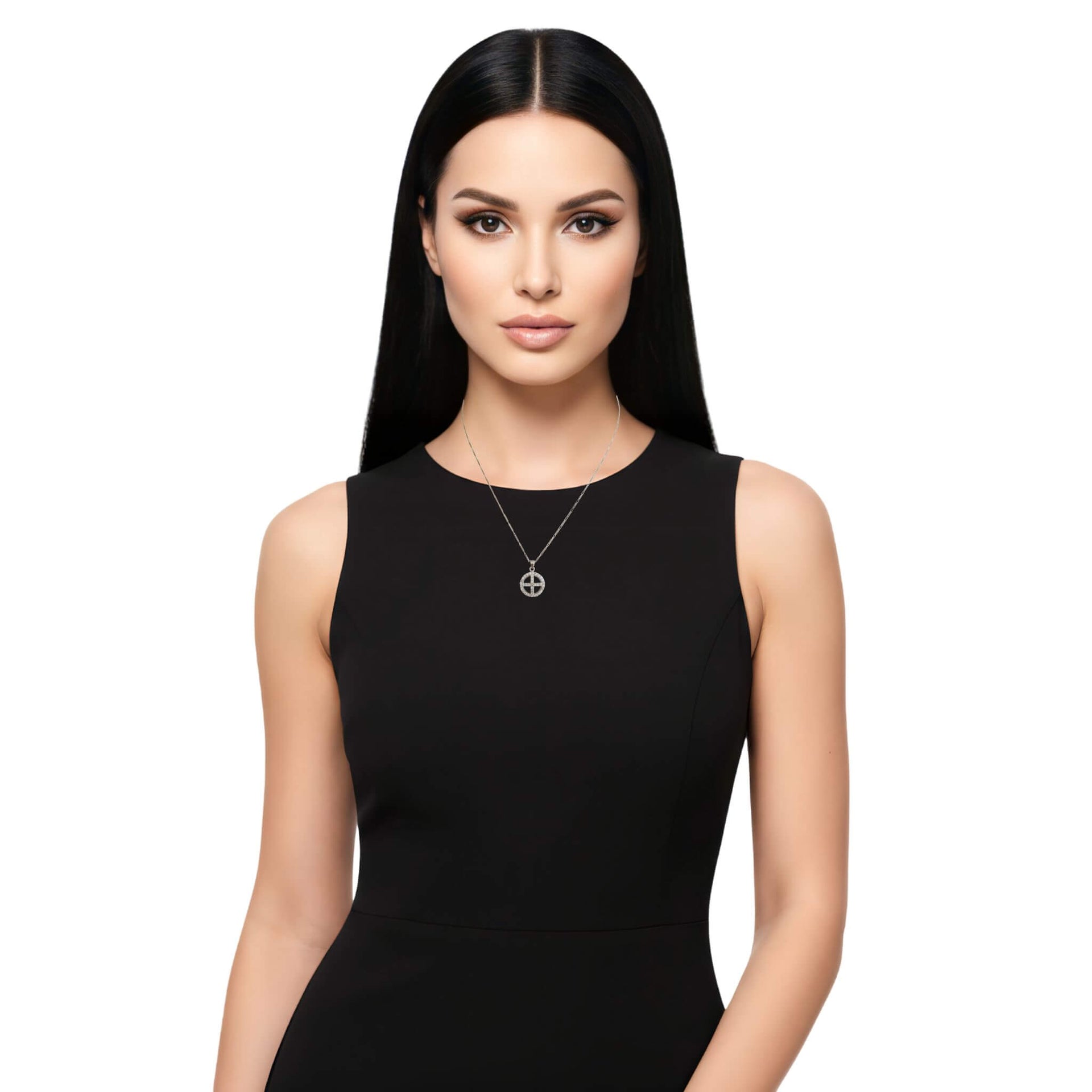 Colgante redondo de plata de ley con cruz de circonitas blancas