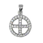 Colgante redondo de plata de ley con cruz de circonitas blancas