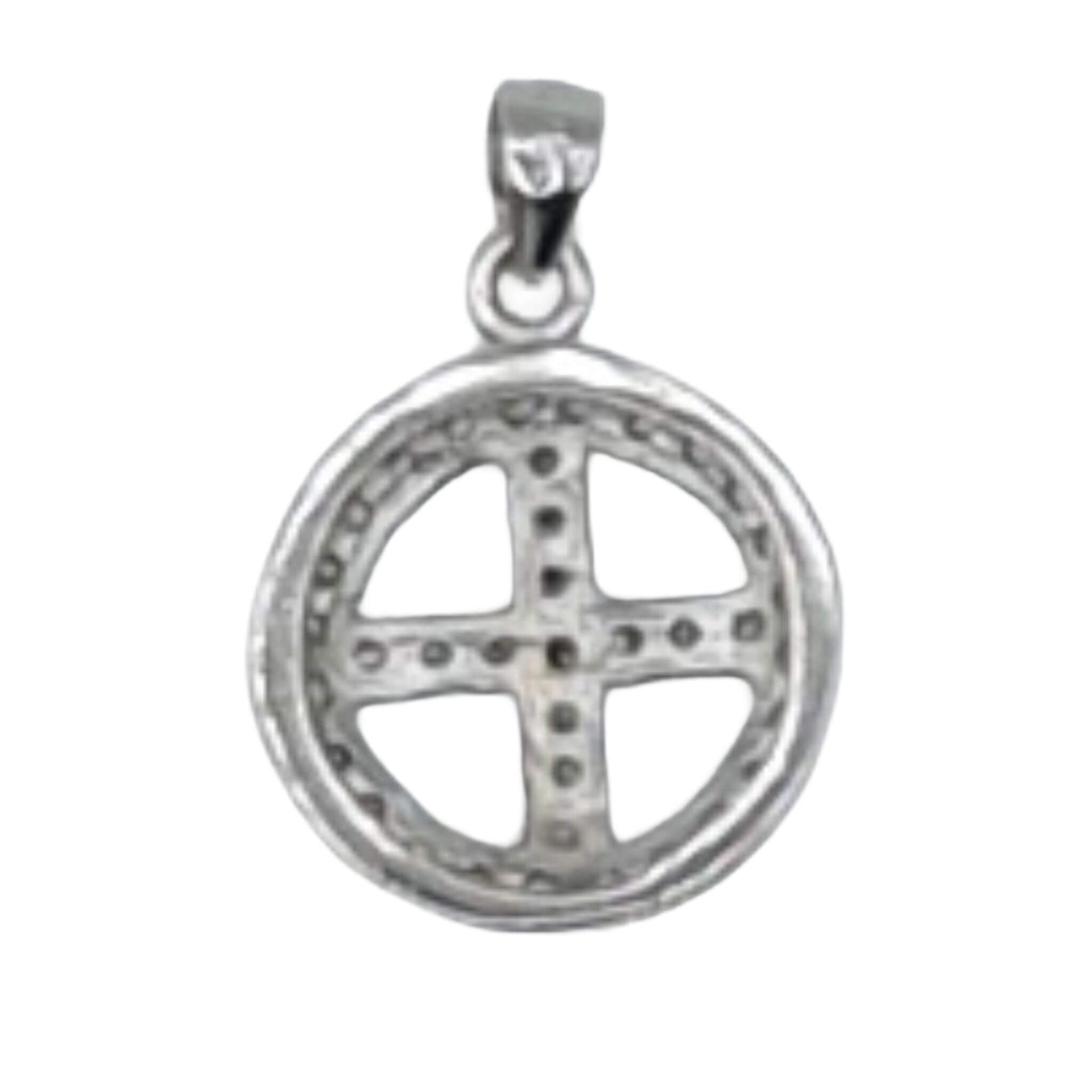 Colgante redondo de plata de ley con cruz de circonitas blancas