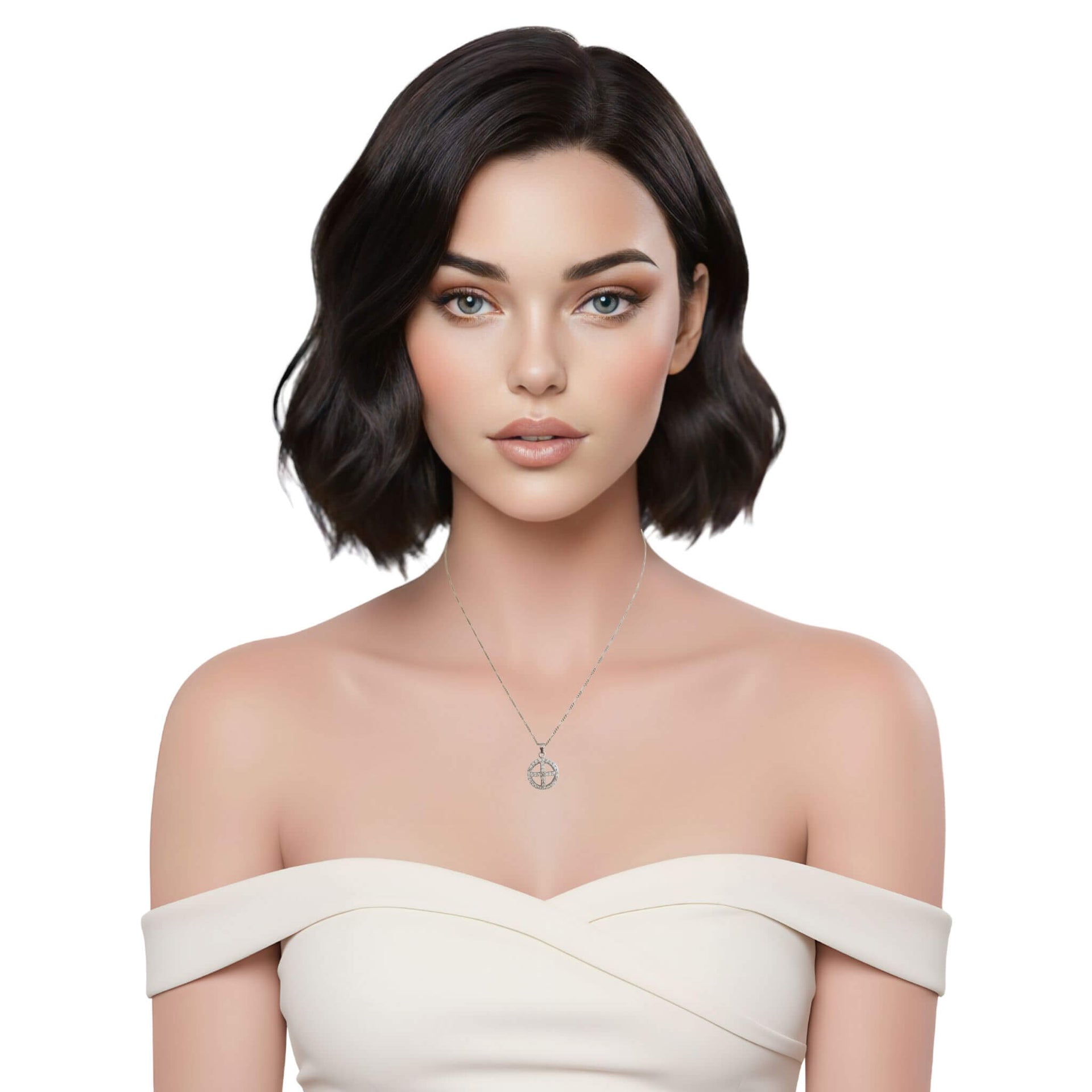 Colgante redondo de plata de ley con cruz de circonitas blancas