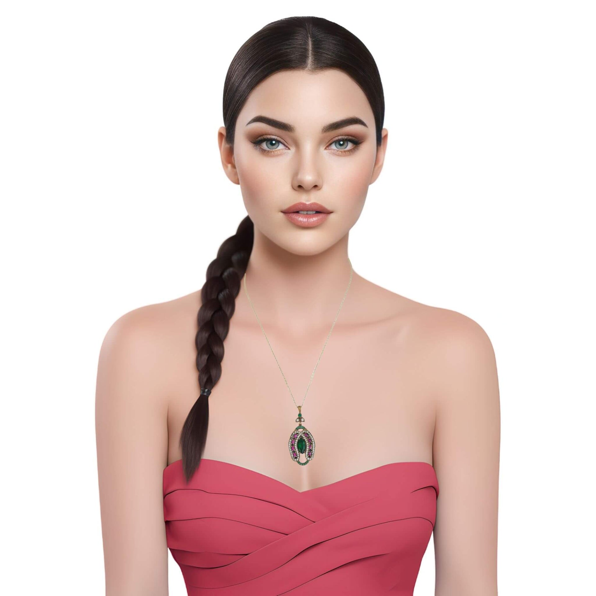 Colgante herradura oval de plata dorada con esmeraldas y rubíes naturales