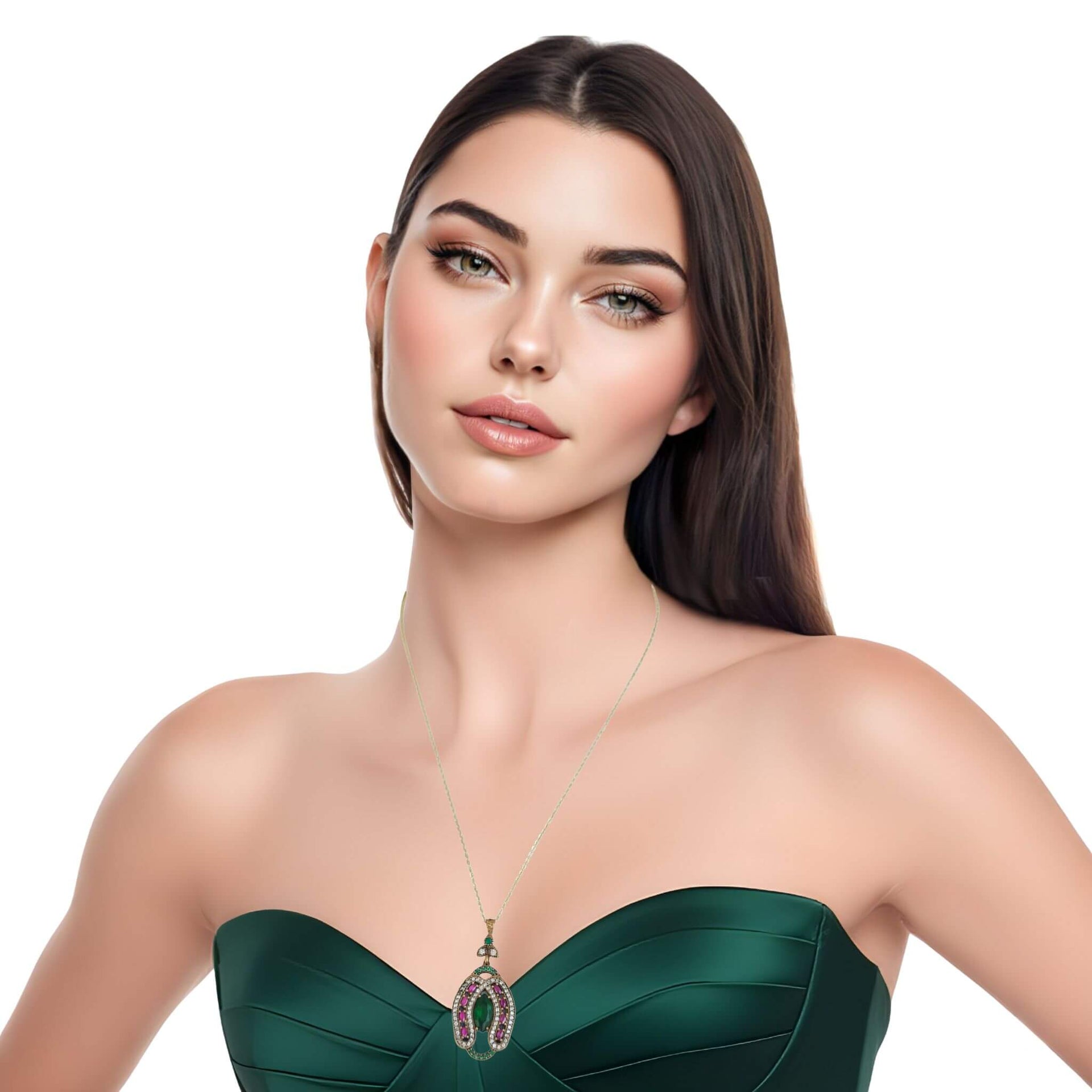 Colgante herradura oval de plata dorada con esmeraldas y rubíes naturales