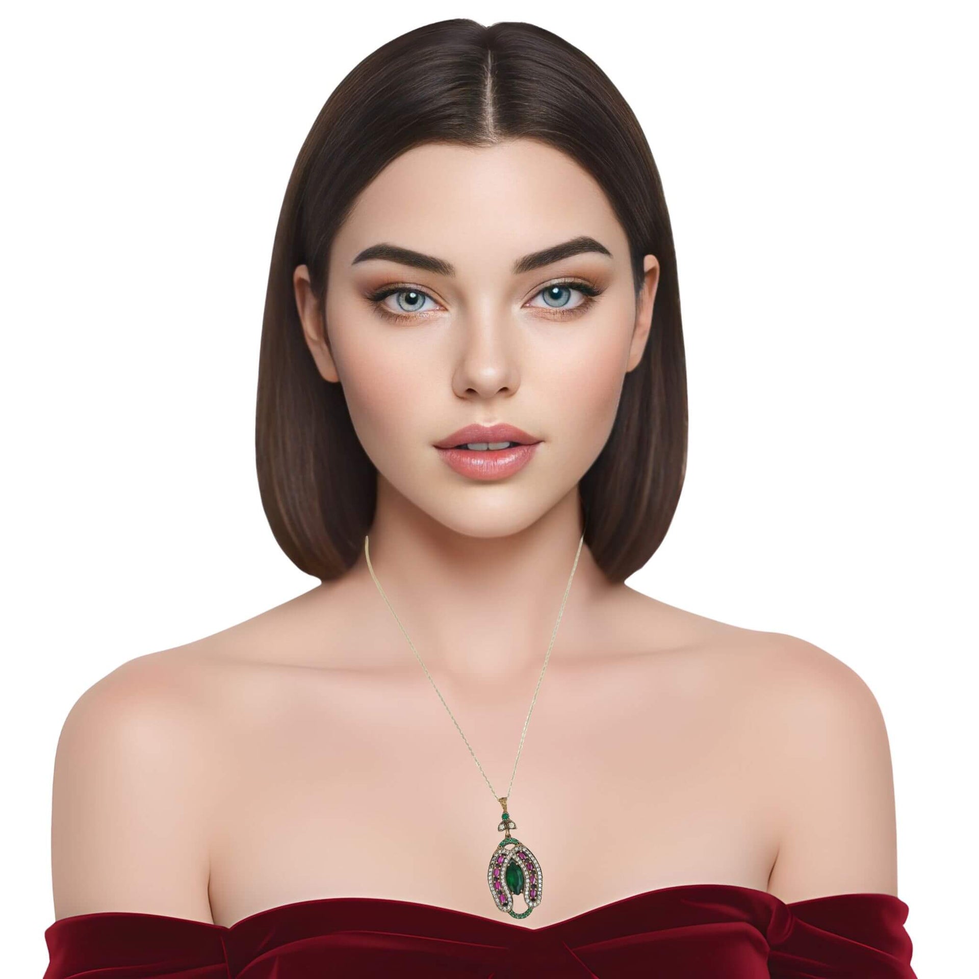 Colgante herradura oval de plata dorada con esmeraldas y rubíes naturales