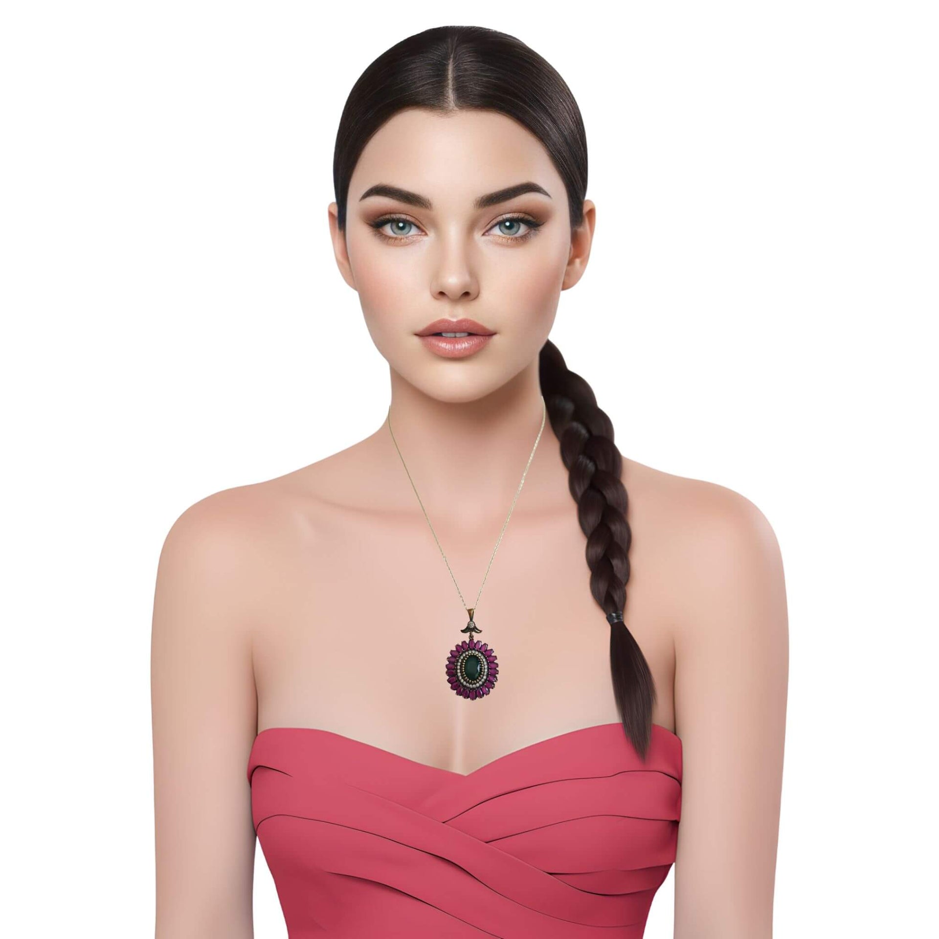 Colgante de plata de ley ovalado con piedras semipreciosas de esmeraldas y rubíes