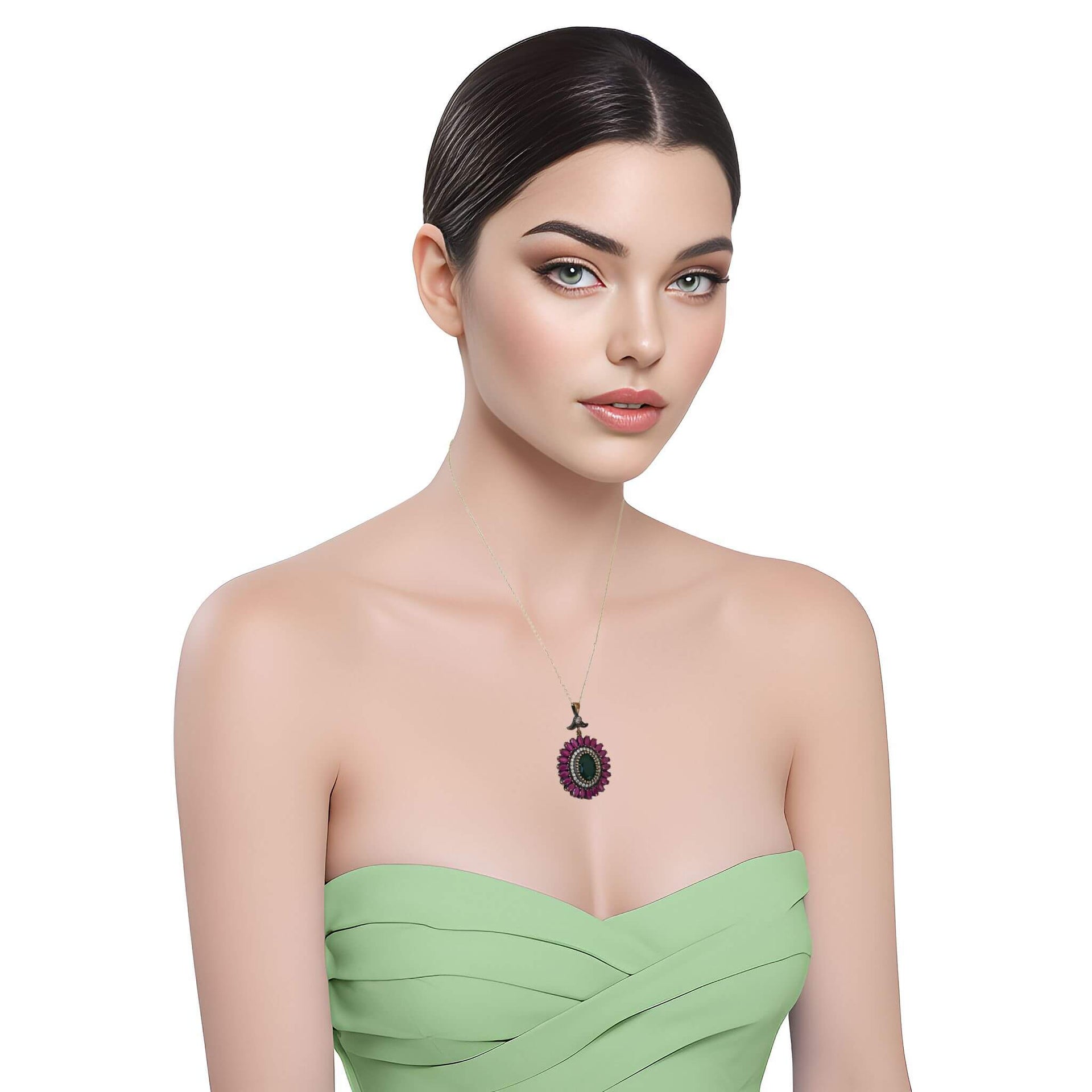 Colgante de plata de ley ovalado con piedras semipreciosas de esmeraldas y rubíes