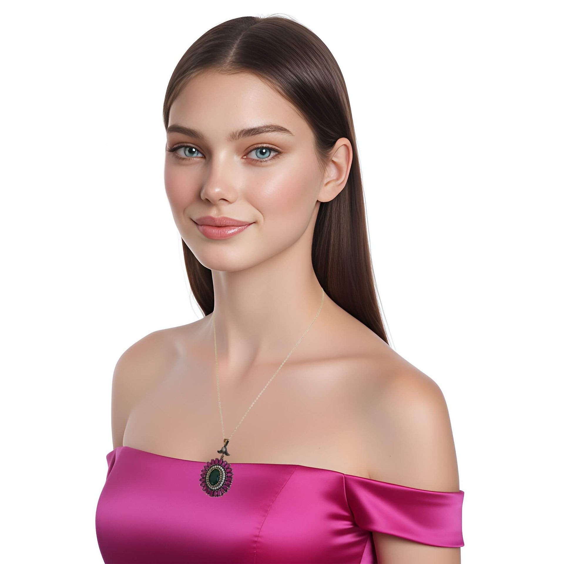 Colgante de plata de ley ovalado con piedras semipreciosas de esmeraldas y rubíes