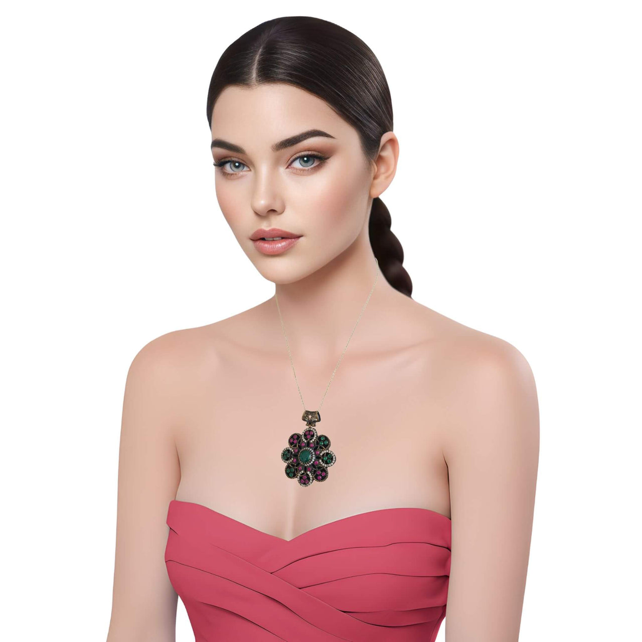 Colgante de plata de ley con piedras semipreciosas de esmeraldas y rubíes