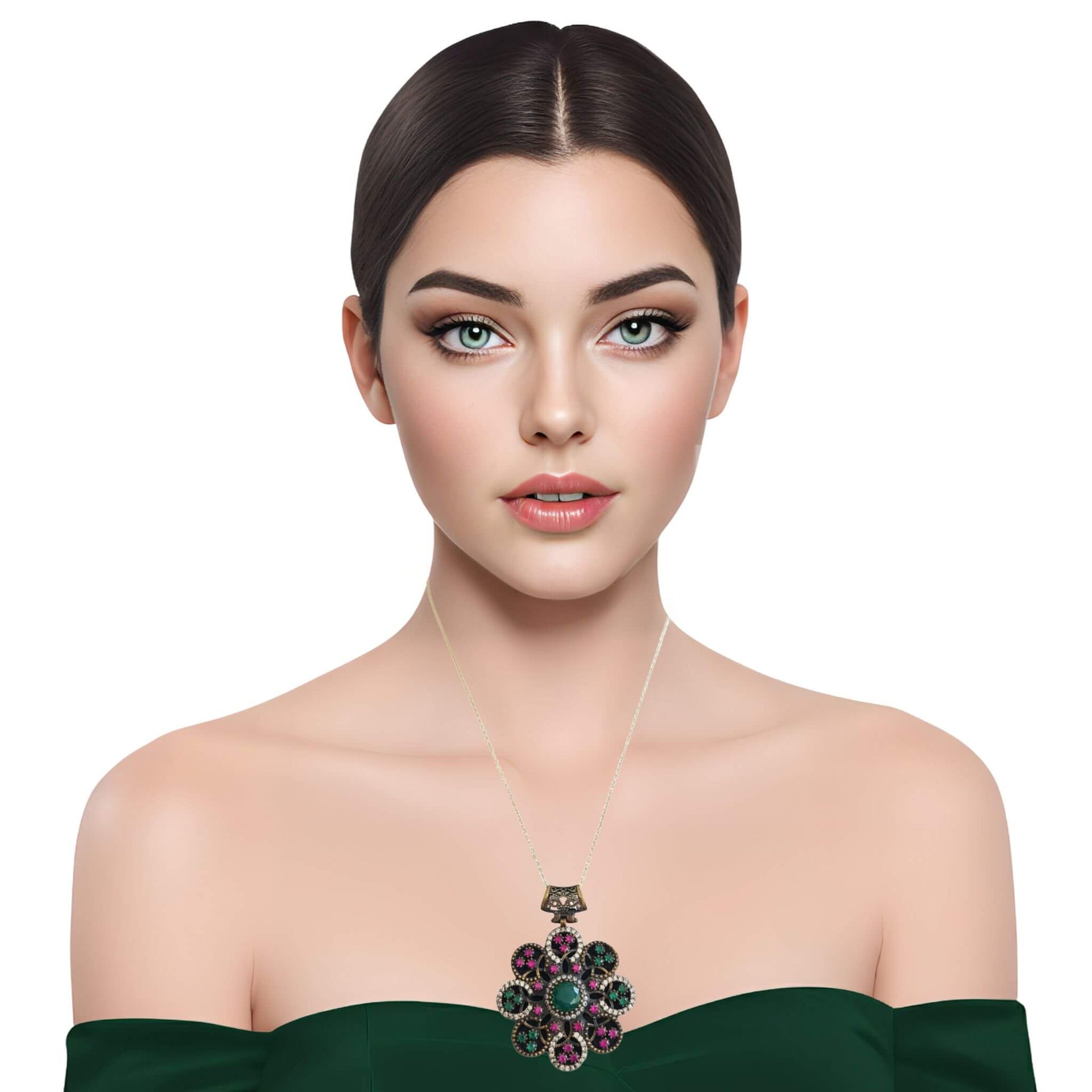 Colgante de plata de ley con piedras semipreciosas de esmeraldas y rubíes