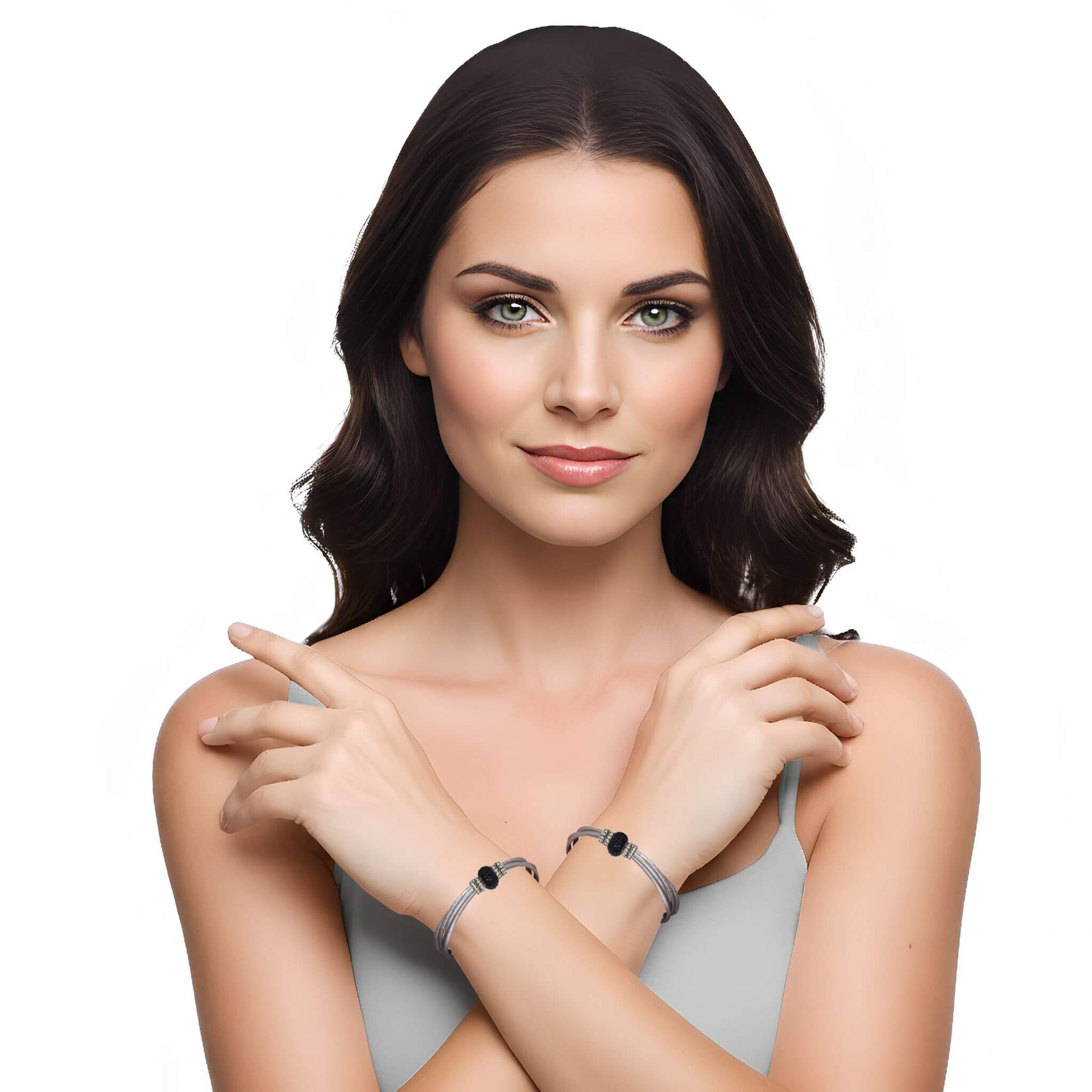 Pulsera de cuero gris plata y brillantes de cristal negros