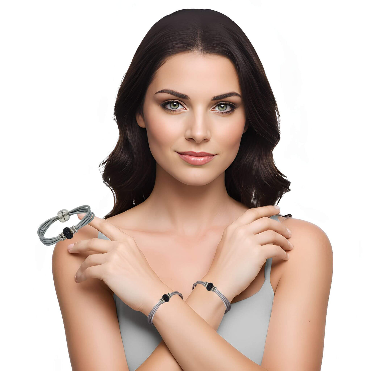 Pulsera de cuero gris plata y brillantes de cristal negros
