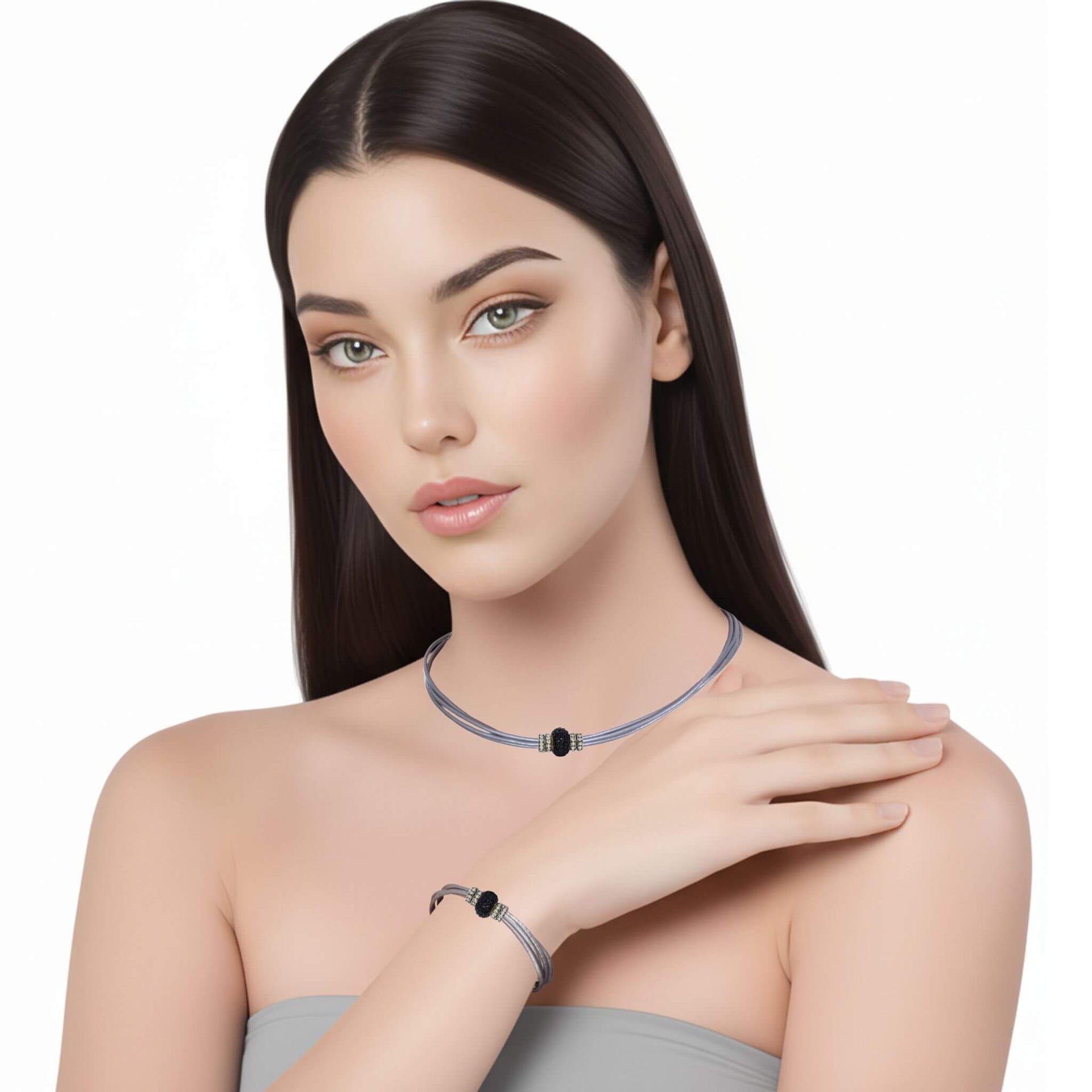 Set conjunto de pulsera y collar de cuero plata y strass negro
