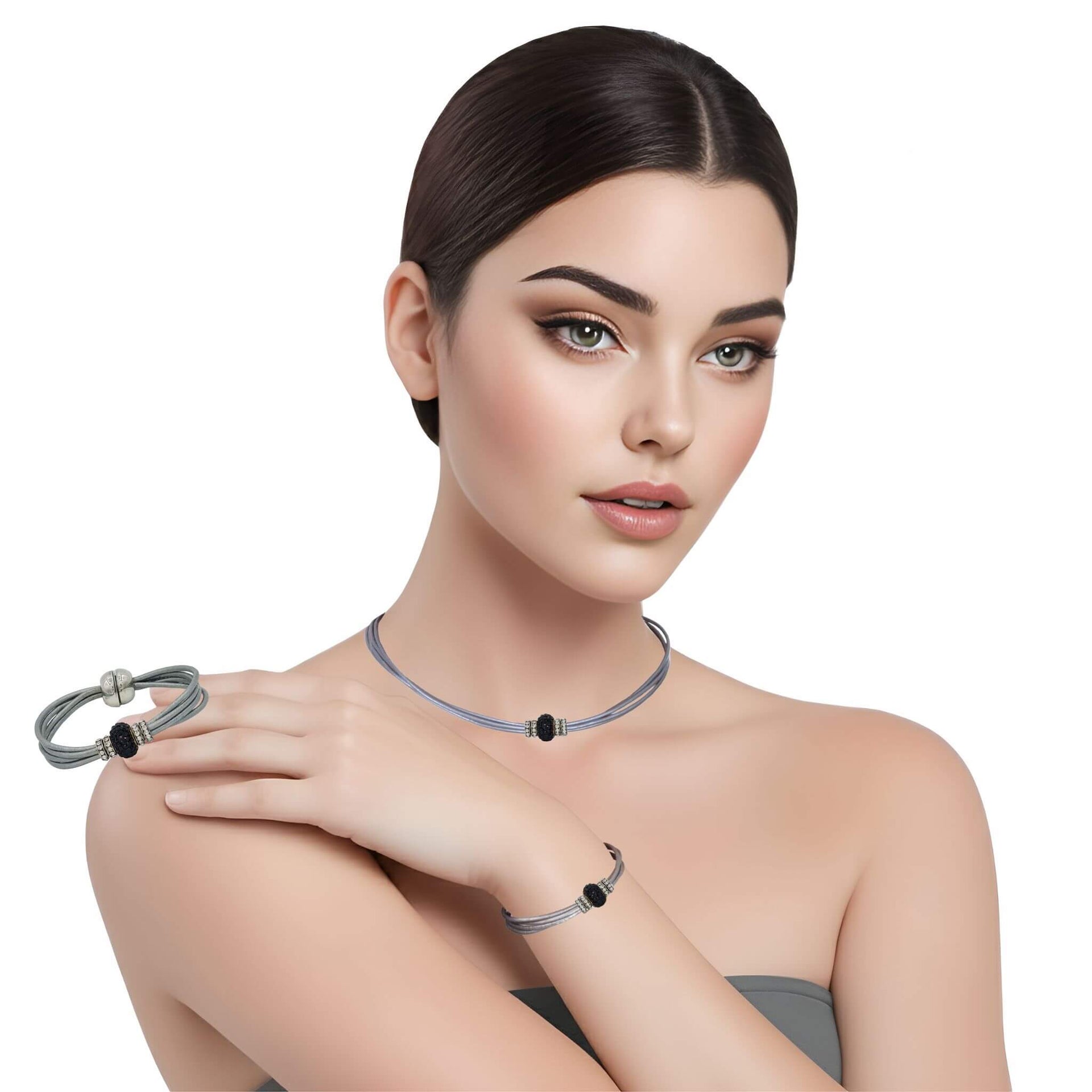 Set conjunto de pulsera y collar de cuero plata y strass negro