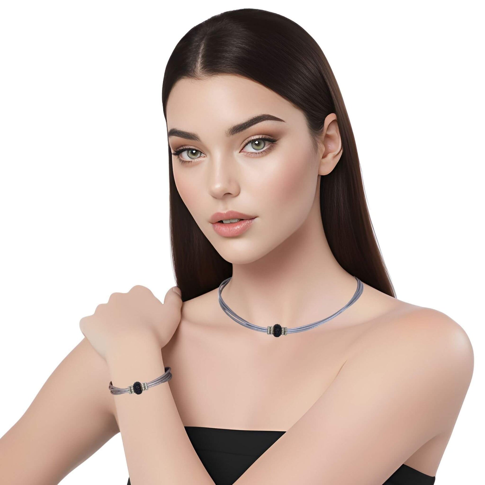 Set conjunto de pulsera y collar de cuero plata y strass negro
